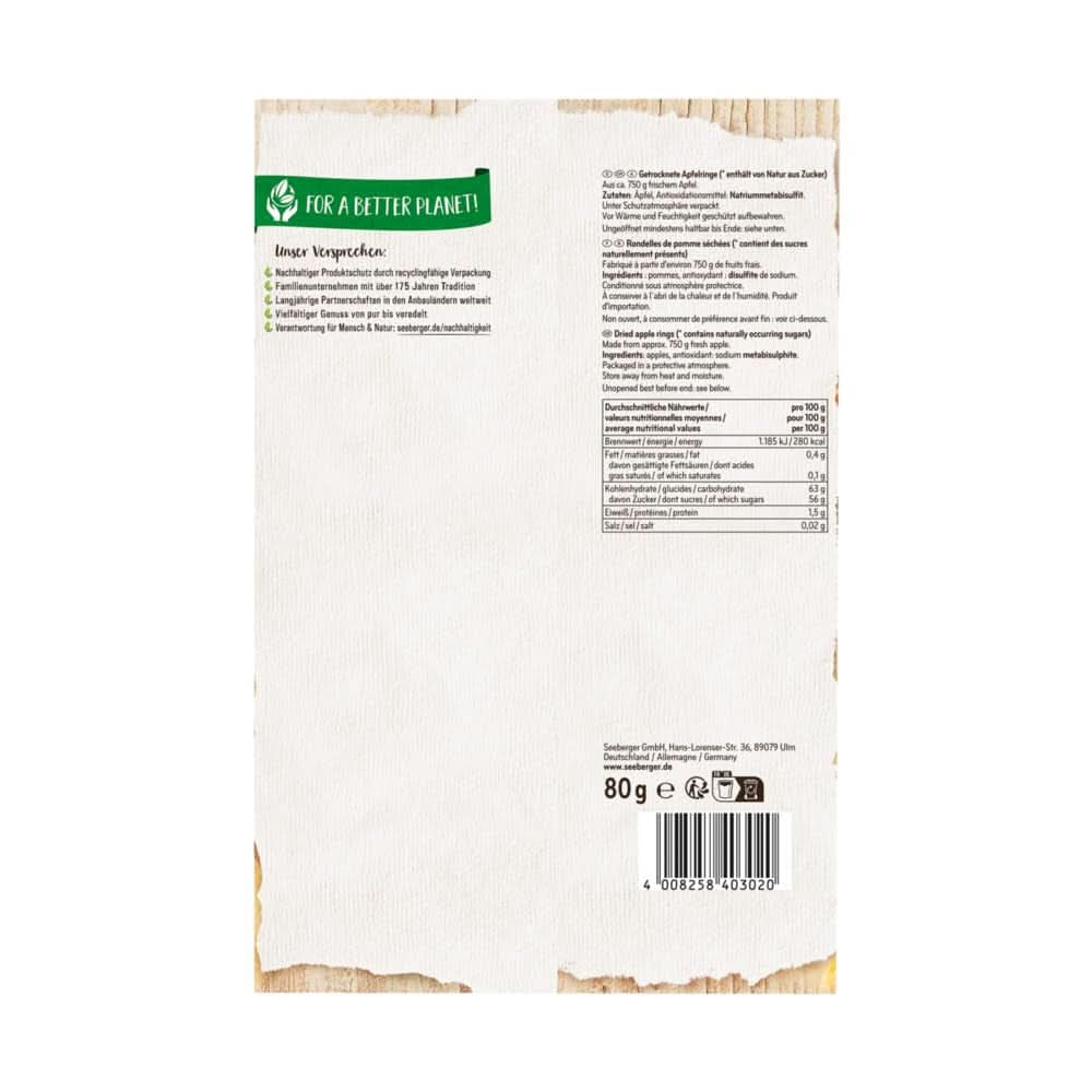 Seeberger, felii de mere uscate de cea mai bună calitate, fără zahăr adăugat, 10 x 80 grame Produse deshidratate Naty Shop