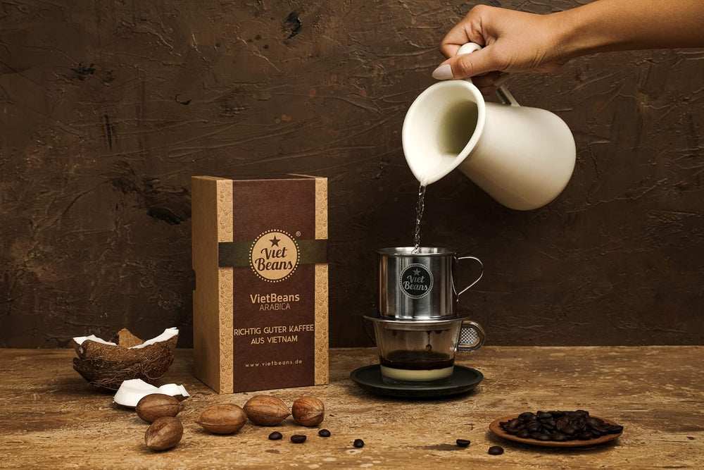 VietBeans Traditional - Schönes Kaffeeschenk in fester Verpackung - Gemahlener Röstkaffee - 250g Kaffee und Kaffeefilter - Geschenidee für Kaffeeliebhaber