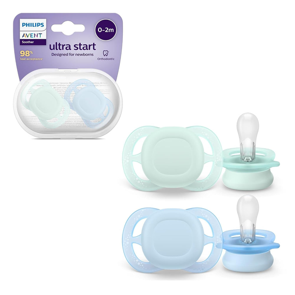 Philips AVENT Ultra Start Night Sucette, Sucette orthodontique pour nouveau-nés, Brille dans le noir, Sans BPA, avec récipient de stérilisation, Lot de 2, Lune, Étoile, SCF075/07