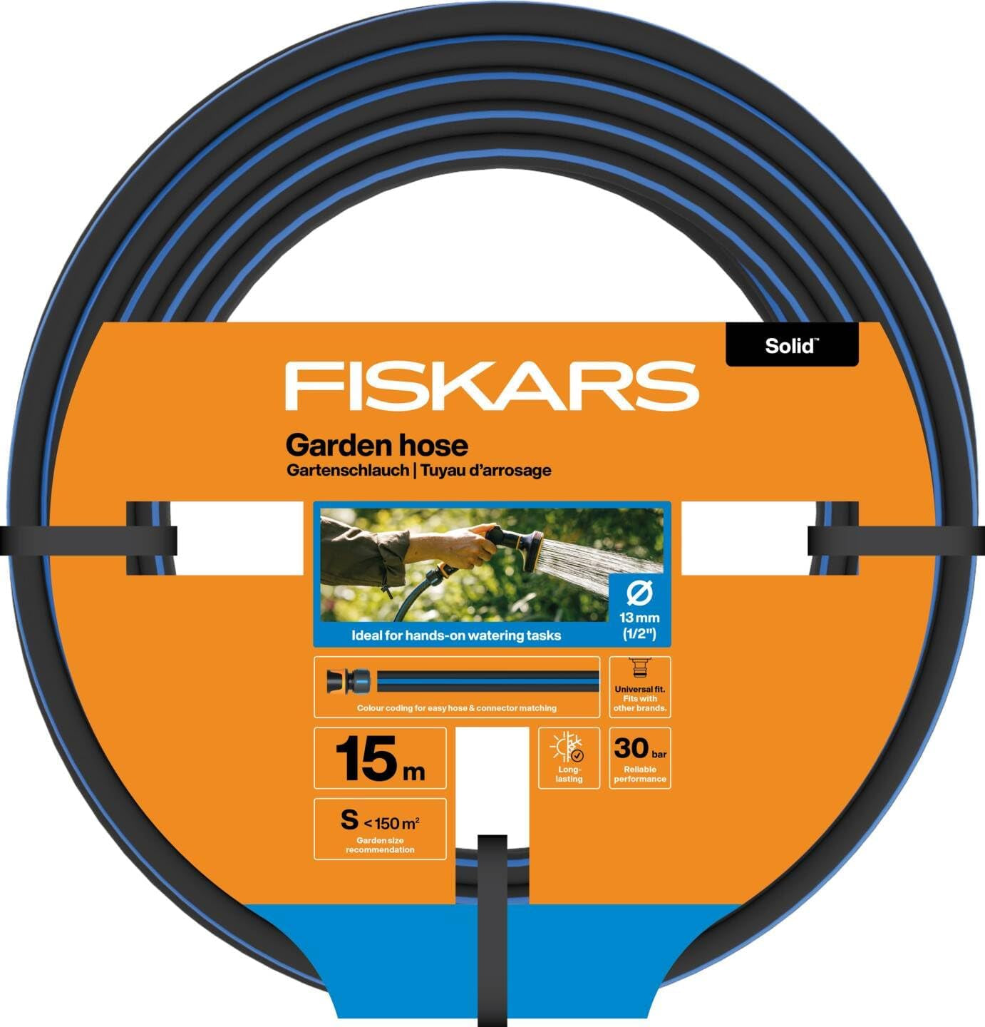 Furtun de grădină Fiskars S, Solid, Furtun de apă pentru udare manuală, 13 mm (1/2"), Lungime: 15 m, Racord universal, Protecție UV, Protecție la îngheț, Rezistent la răsucire, Albastru, 1076049