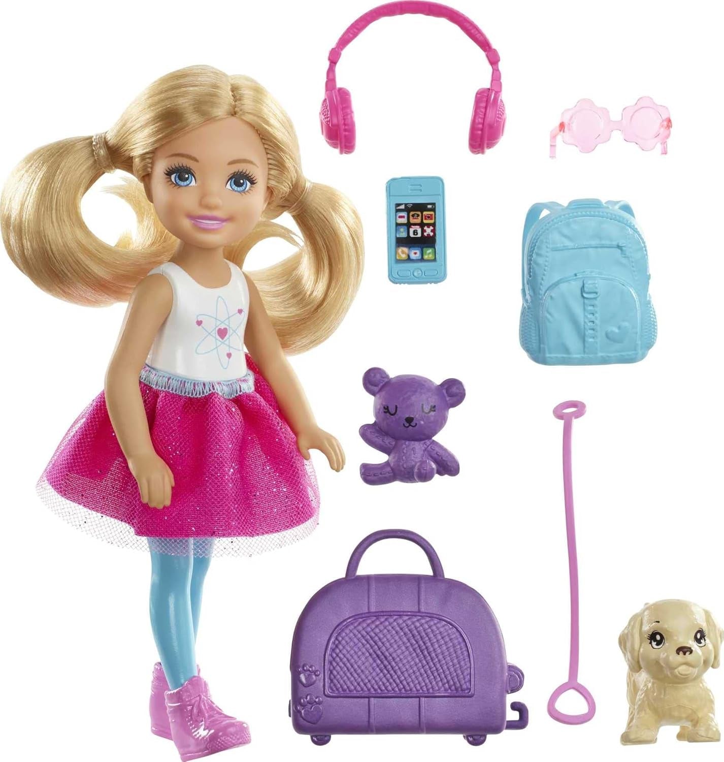 Barbie-Spielzeug, Chelsea-Puppe und Accessoires, Reiseset mit Hündchen und 6 Teilen, einschließlich Hundetragekorb, HJY17