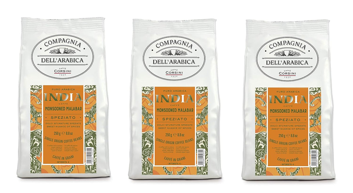 Caffè Corsini - Kaffeebohnen 3x250g Compagnia Dell'Arabica Indien Mousson Malabar, Einzelner Ursprung, Würzig, 750g Gesamt
