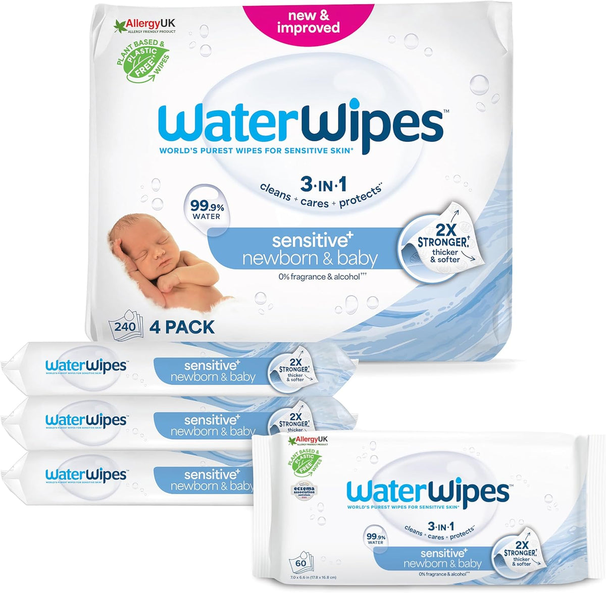 WaterWipes Sensitive+ Lingettes humides pour nouveau-nés et bébés, 240 unités (paquet de 4), nettoyage, entretien, protection 3 en 1, 99,9 % d'eau, sans parfum