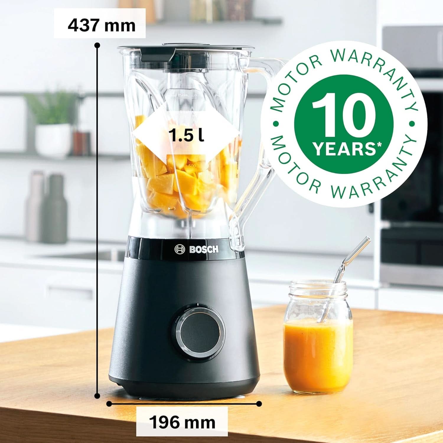 Bosch Batteur sur socle Vitapower Serie 4 MMB6141B, Haute puissance en acier inoxydable, 1,5 L Tritan-Mixbehälter, Spülmaschinengeeignete Teile, 30 000 U/Min, 1200 W, Schwarz Kitchen Naty Shop