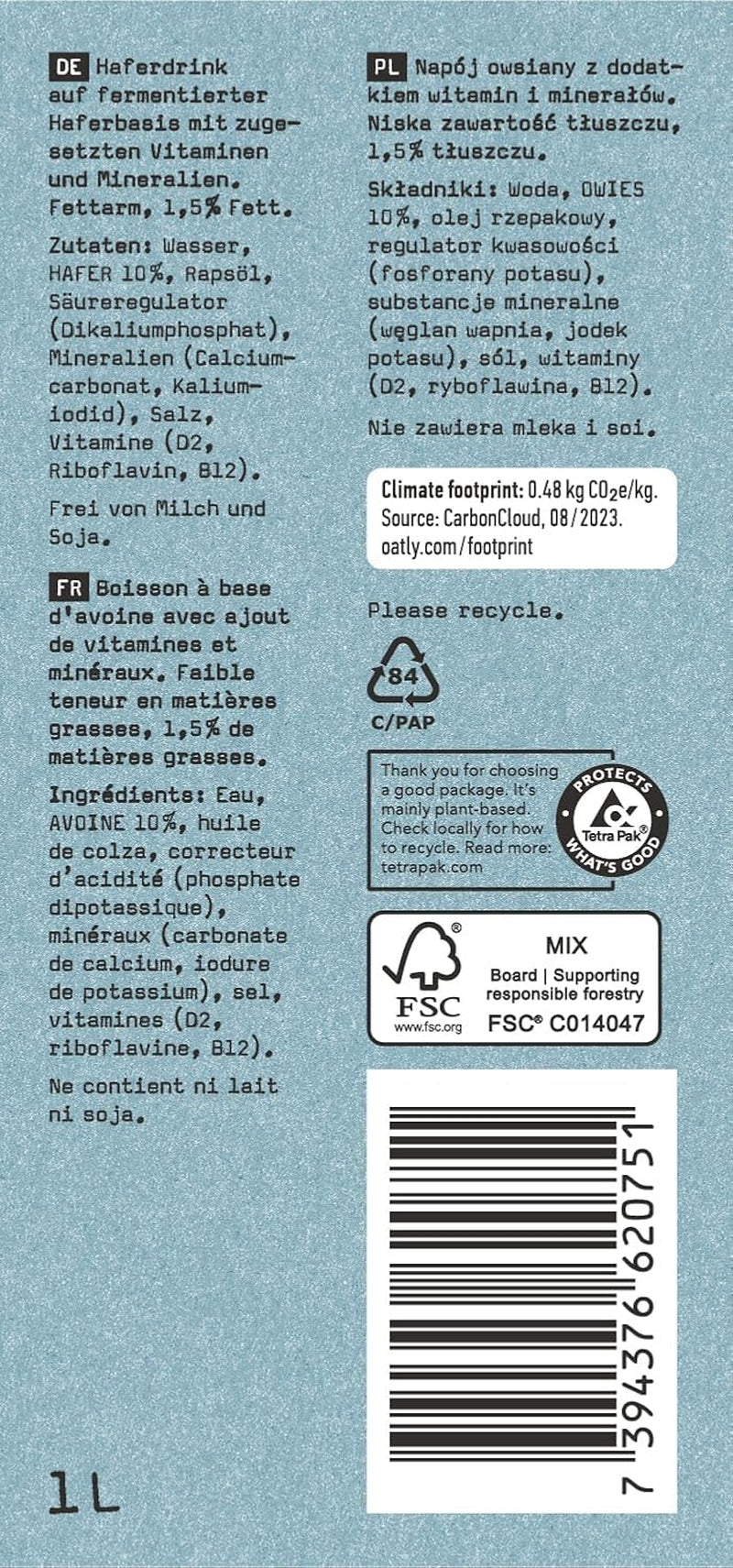 Oatly Haferdrink 1,5% Fett - Packung mit 6 (6 x 1 Litre)