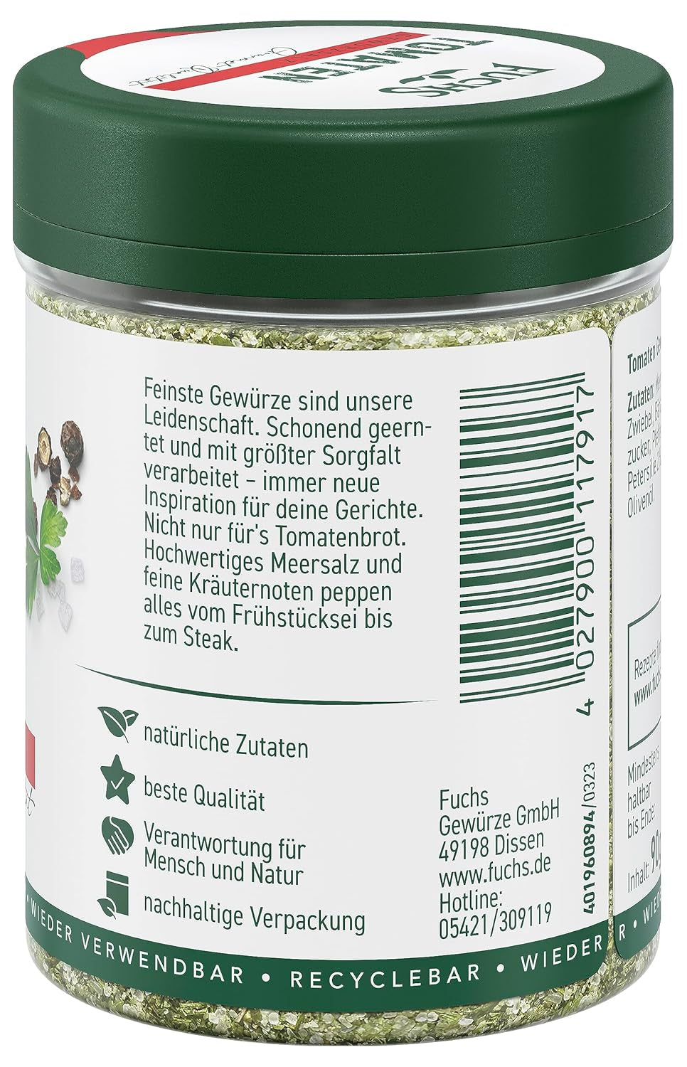 Fuchs Gewürze - Tomato Gewürz - Gewürzsalz für Tomatenbrot, Frühstücksei oder Steak - ingrédients naturels - 90 g en dose variable, recyclable