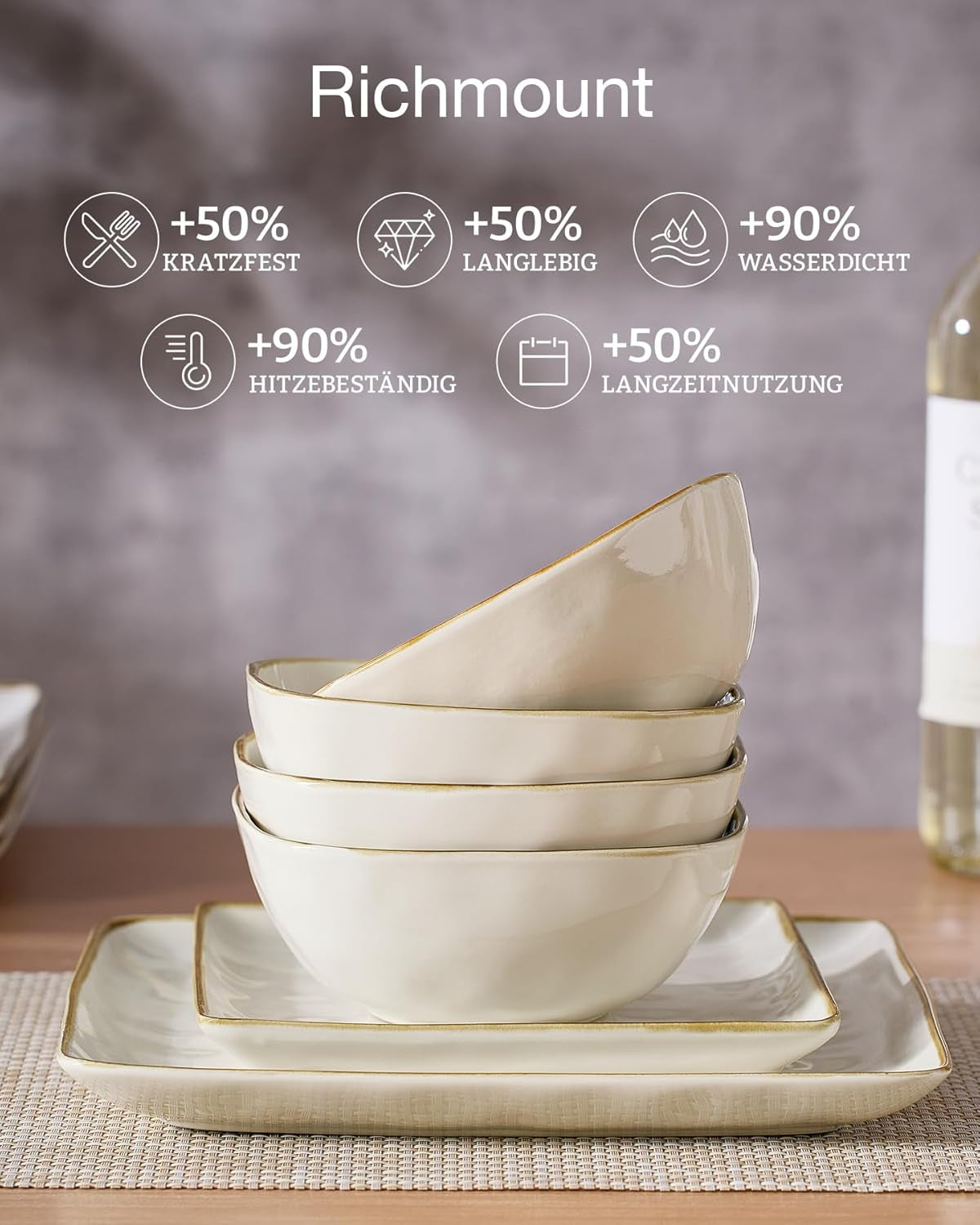 Service de table en grès pour 6 personnes Ocean Series, service de table carré de 18 pièces, service combiné d'assiettes, vernis réactif, vaisselle résistante aux rayures, Beige