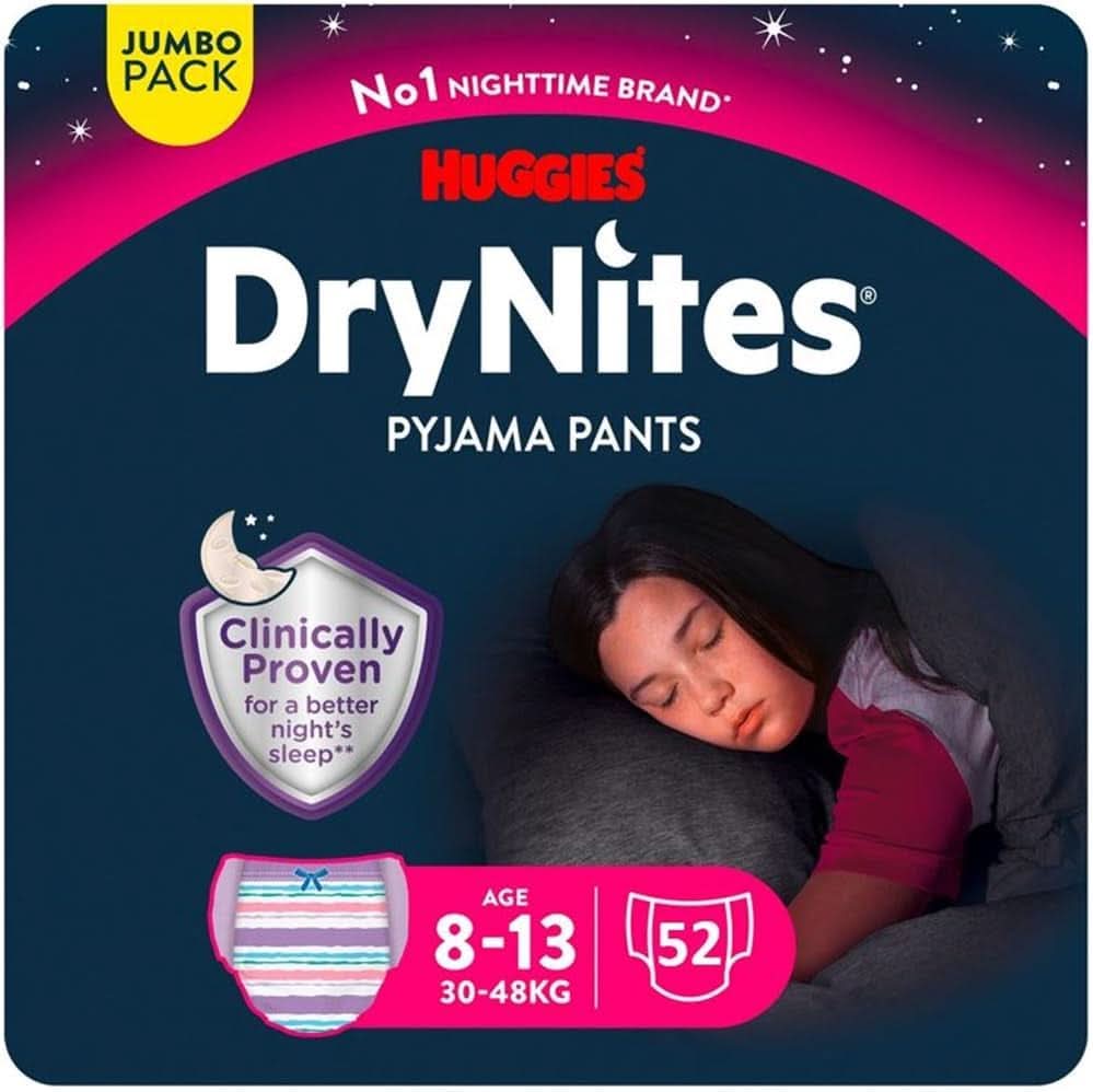 Huggies Drynites Couches de nuit très absorbantes, pour filles 8-13 ans (30-48 kg), 52 pcs (4 x 13) Mère et Enfant Naty Shop