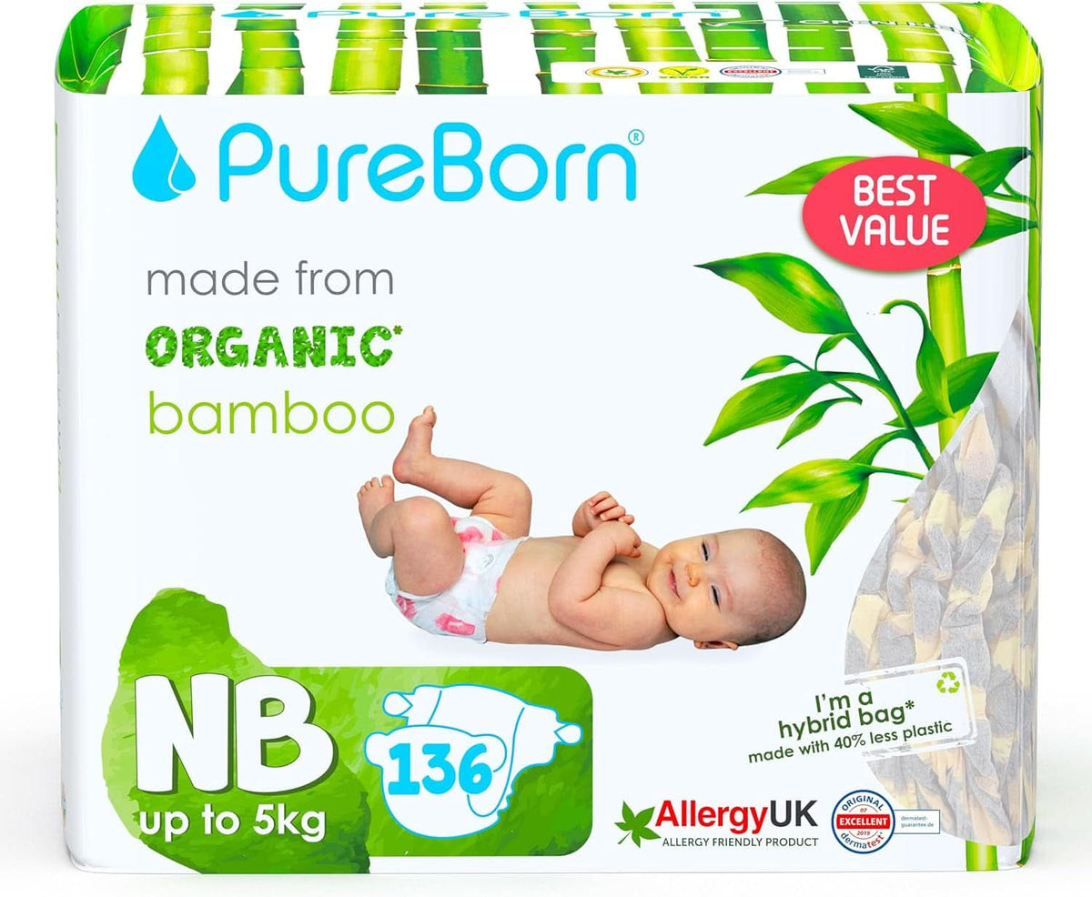 Couches en bambou biologique Pureborn Eco, taille nouveau-né (jusqu'à 5 kg), écologiques, hypoallergéniques, ultra douces, avec indicateur d'humidité, imprimés variés Mother and Baby Naty Shop Newborn (136 pcs)