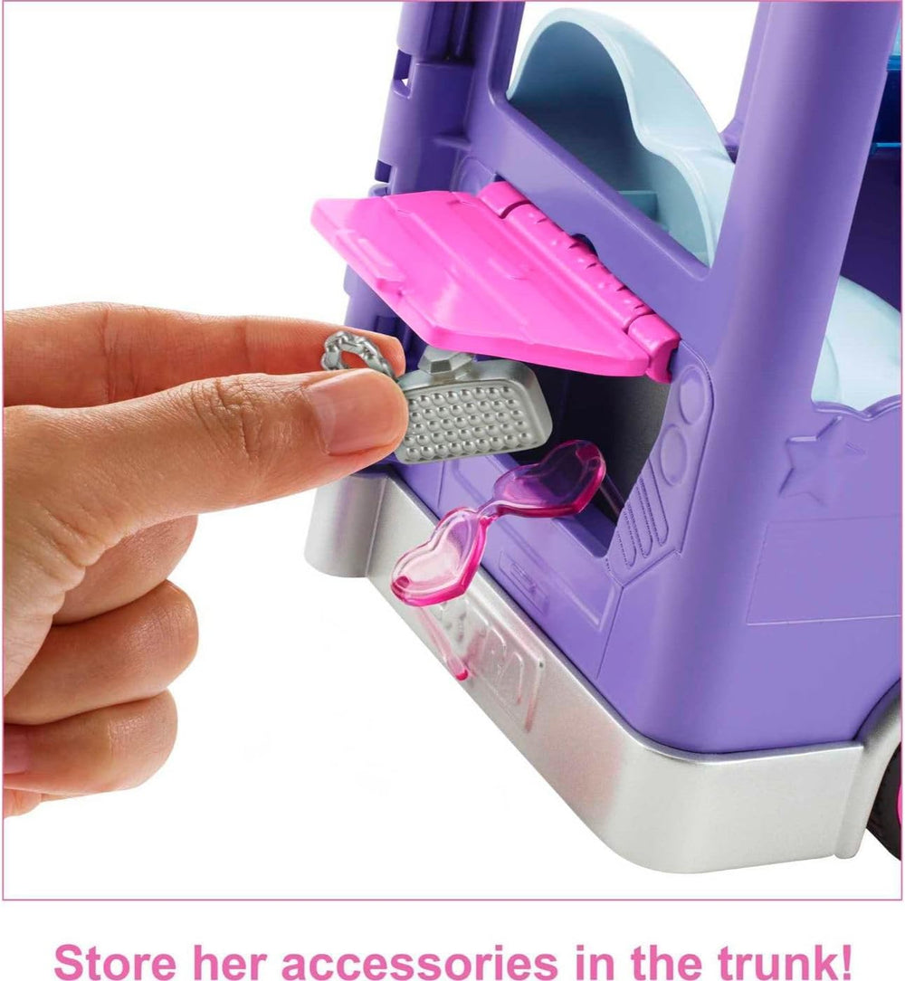 Poupée Barbie Extra Mini Minis, poupée Extra Mini Minis avec fourgon de tourisme à paillettes supplémentaires, comprenant une station de maquillage et des accessoires de spectacle, cadeau pour enfants, jouet pour 3 ans et plus, HKF84