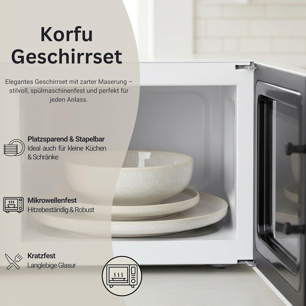 SANGER | Service de table Corfou 24 pièces, service de table pour 8 personnes, service de table en céramique fait à la main, comprenant assiettes à dîner, assiettes à dessert et assiettes Suma, vaisselle crème avec texture sable