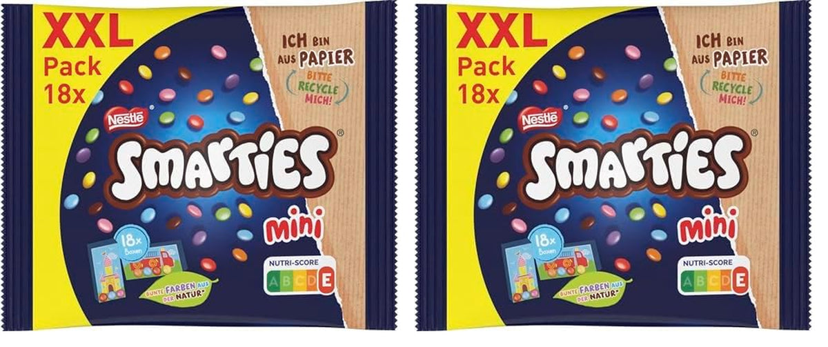 Nestlé SMARTIES Mini sachets XXL, lentilles couleur chocolat, idéales à partager et à déguster en famille et entre amis, couleurs naturelles, emballage recyclable, lot de 2 (1 x 259 g)