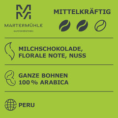 Martermühle Peru Bio Kaffeebohnen 1kg mittelkräftig I Arabica I Arôme : Chocolat au lait, Notes florales, Noix I Ganze Bio Kaffee-Bohnen schonend geröstet, säurearm
