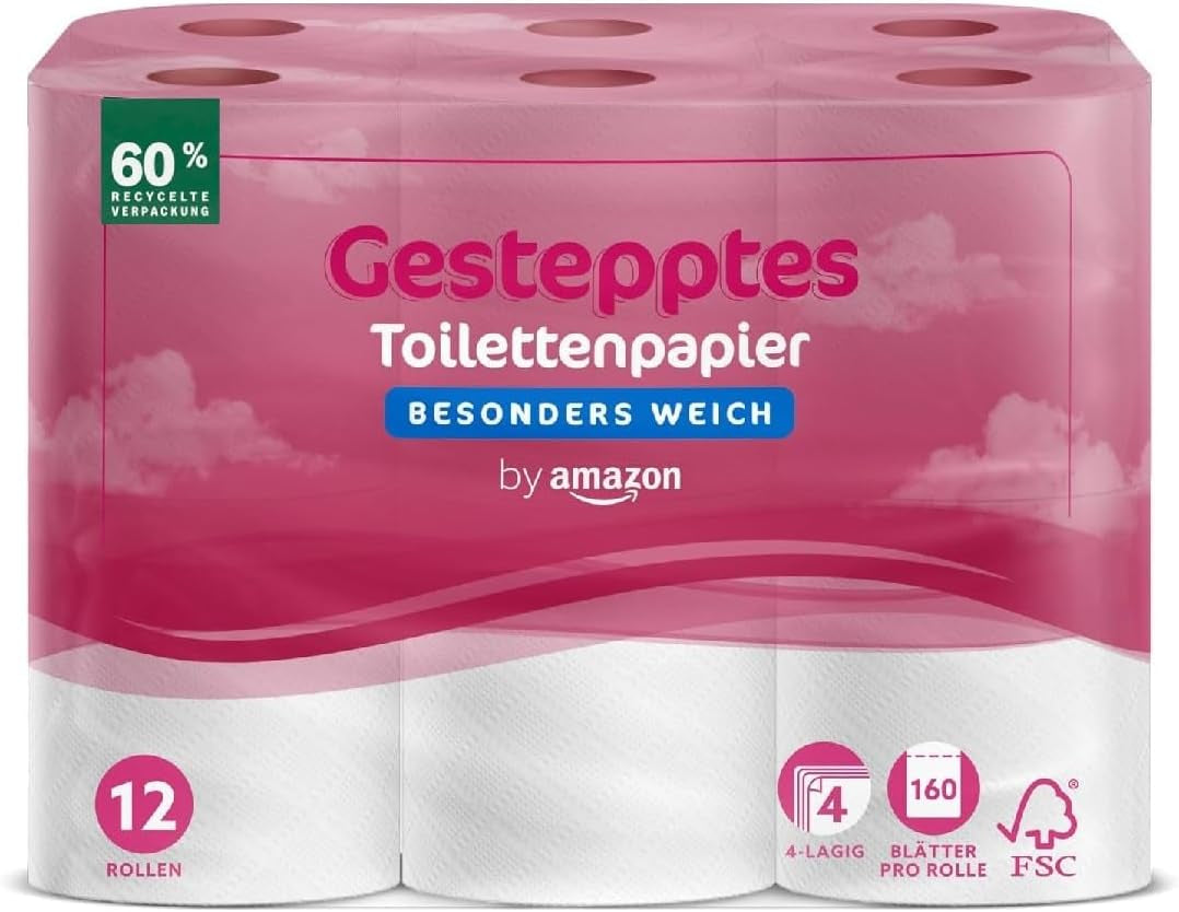 By Amazon Papier toilette matelassé 4 épaisseurs, extra doux, 48 rouleaux (12 rouleaux, lot de 4), 160 feuilles par rouleau, certifié Fsc