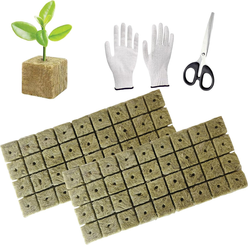Lot de 50 tapis de culture en laine minérale, cube de laine minérale, isolation en laine minérale, tapis de culture en laine minérale avec ciseaux et gants pour culture hors sol, culture hydroponique et transplantation