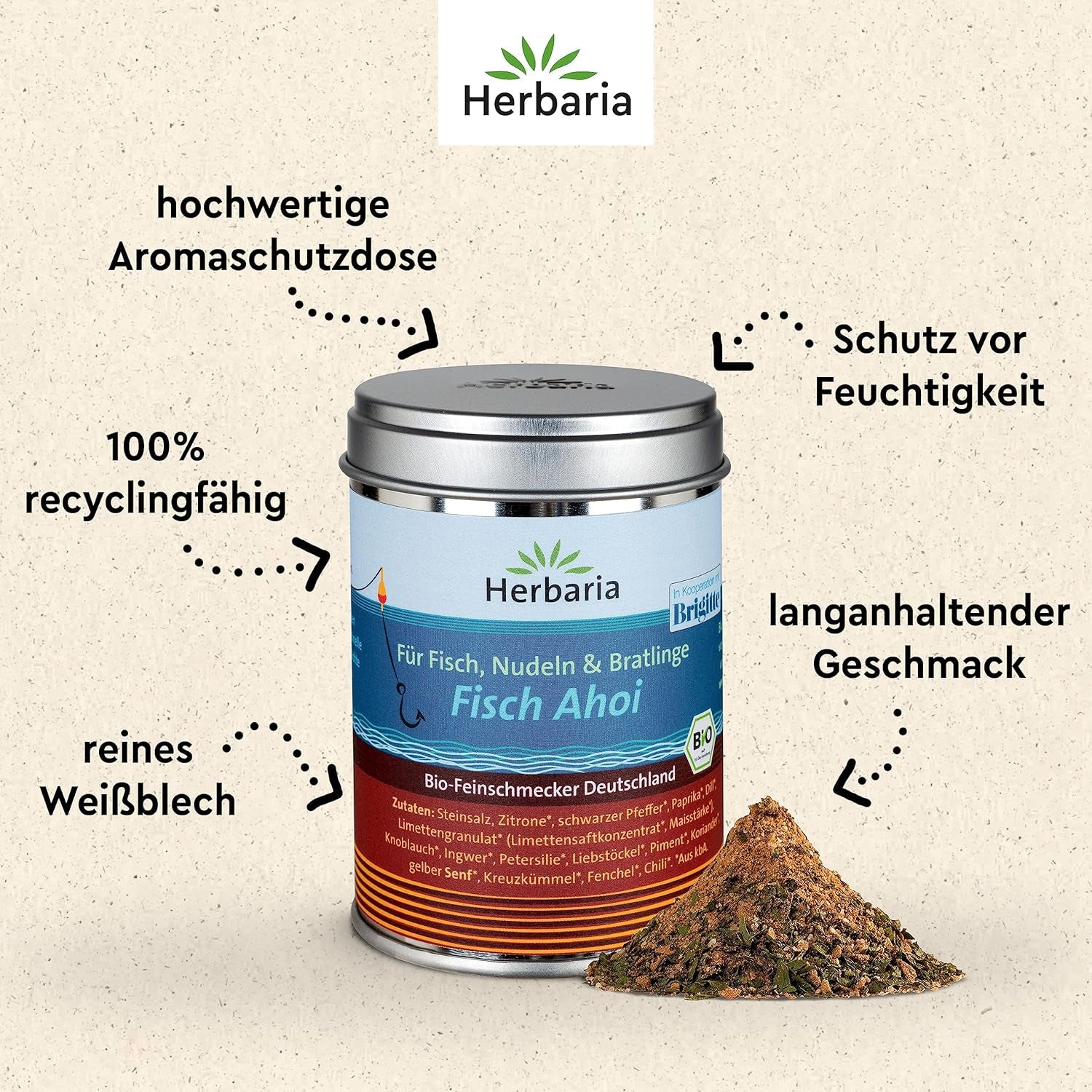 Herbaria Fisch Ahoi bio 85g M-Dose – Fertiges Bio-Gewürzsalz für Gebratene or gegrillte Fischgerichte, Meeresfrüchte und Bratlinge – dans nachhaltiger Aromaschutz-Dose