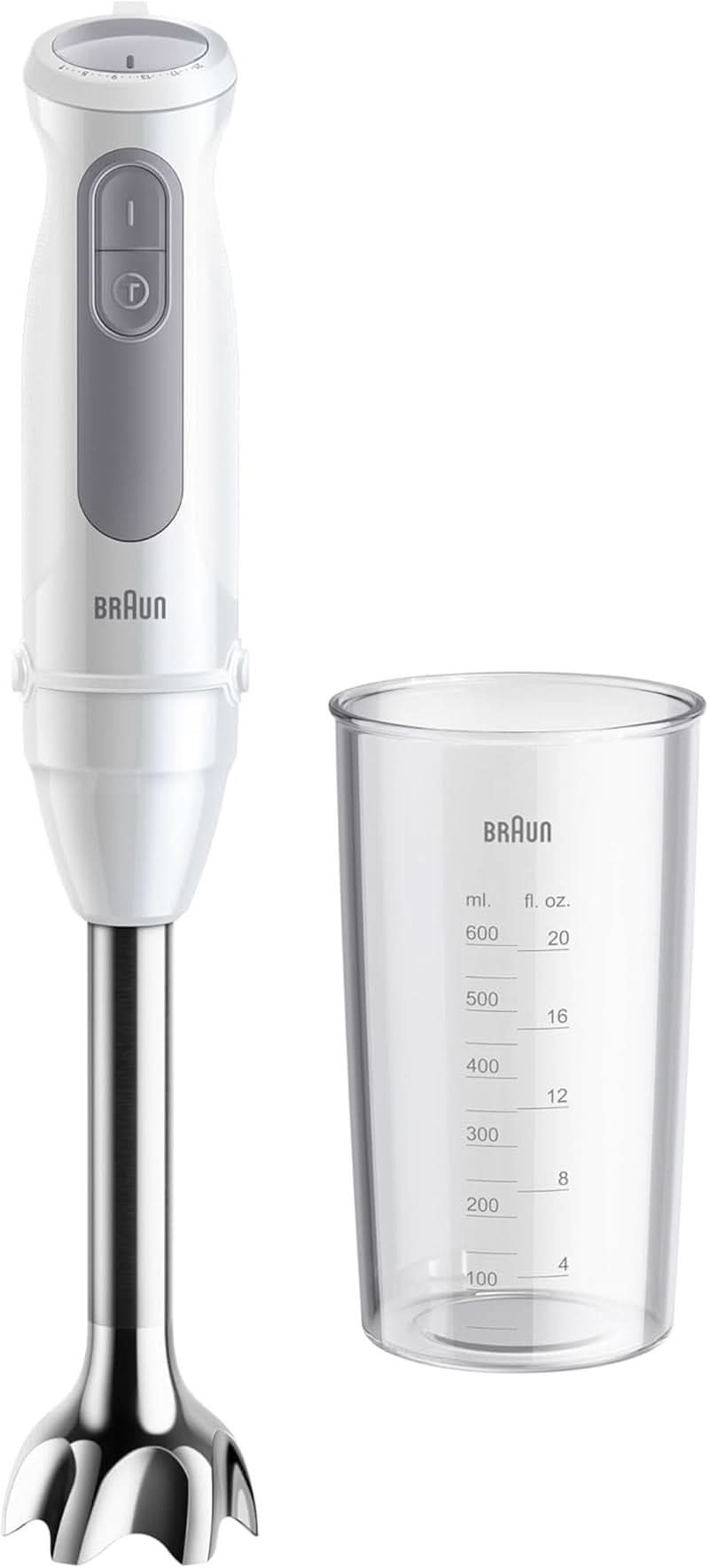Braun Stabmixer MQ 5200WH - Multiquick 5 Vario Pürierstab Mit Edelstahl Mixfuß, 1000 Watt, Inkl. 600 Ml Mix- & Messbecher, Weiß/Grau Kitchen Naty Shop Version 2024 - Stabmixer