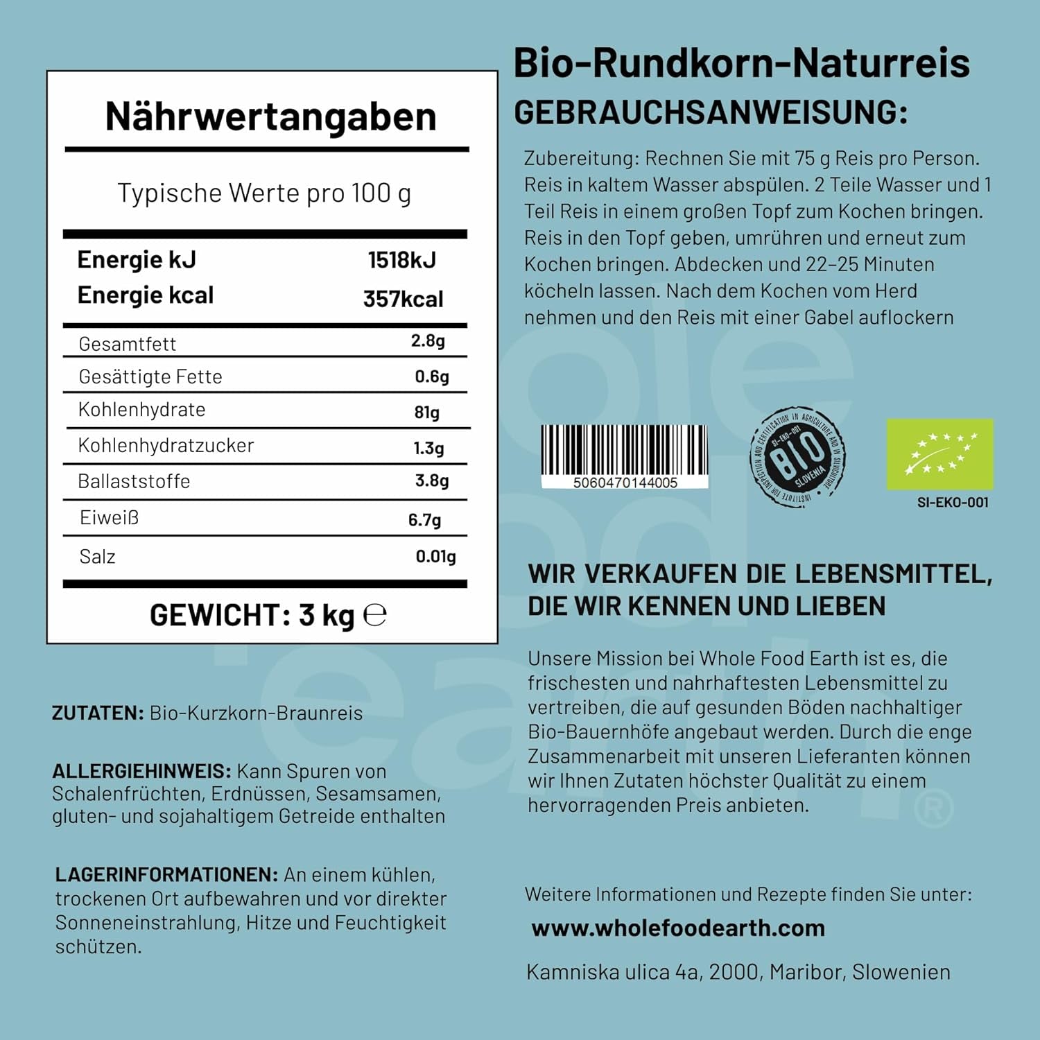 Wholefood Earth Riz brun à grains courts biologique 3 kg Source végétalienne de fibres sans OGM issue de l'agriculture biologique contrôlée