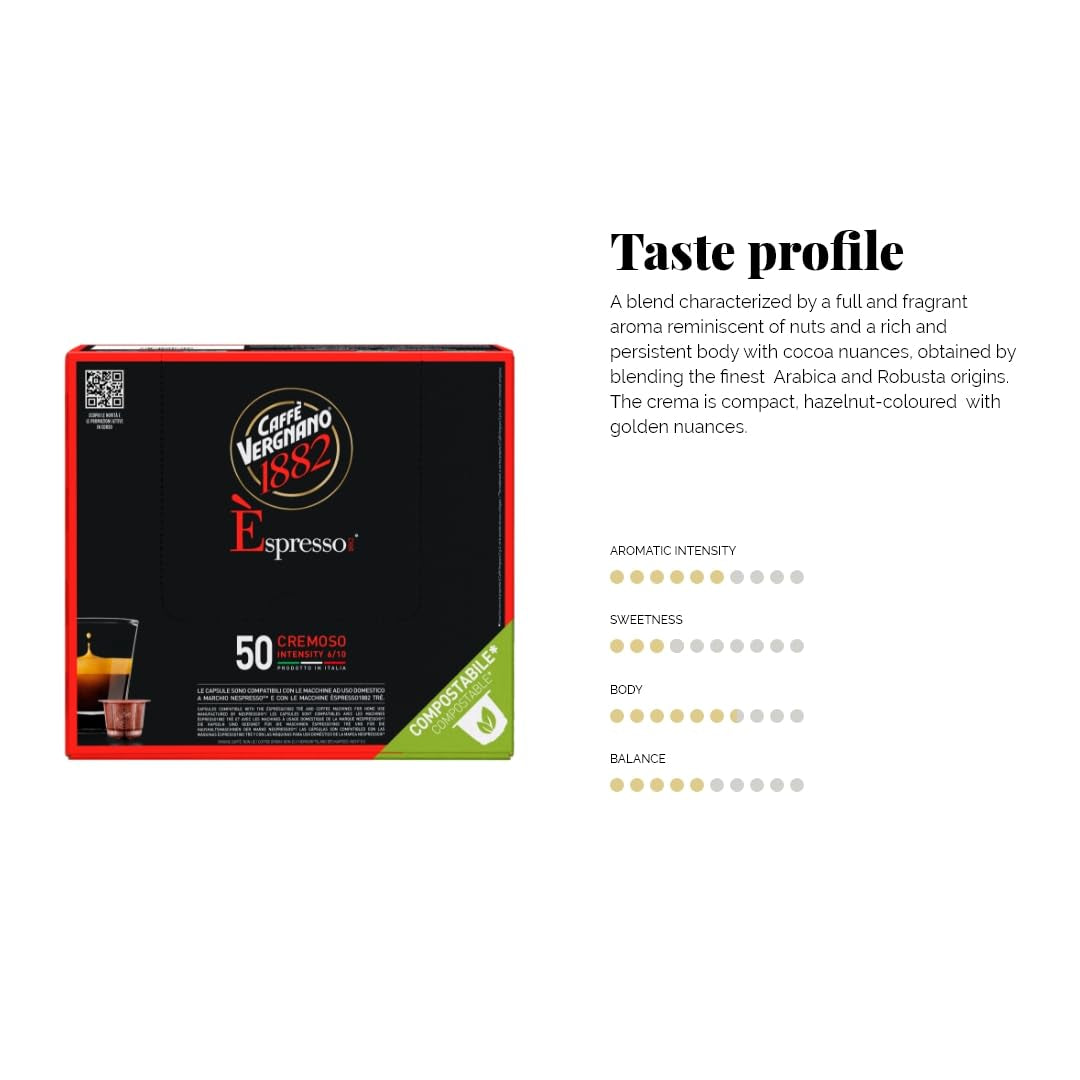 Caffè Vergnano 1882 - Èspresso Kompostierbare Kaffeekapseln, Compatible Avec Nespresso, Cremoso (Crémeux) - Packung Enthält 50 Kapseln