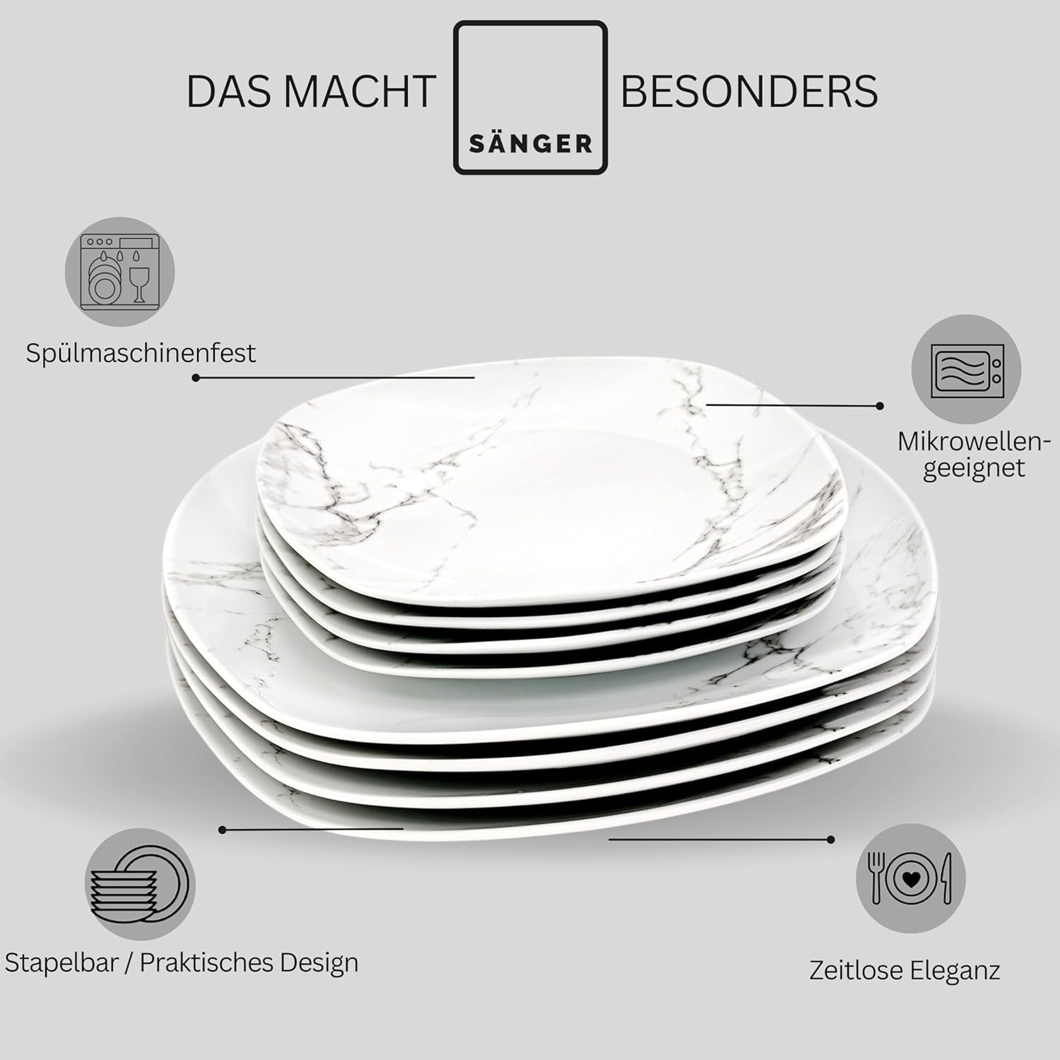 SANGER | Service de table combiné en marbre Bilgola, service de table 36 pièces pour 6 personnes avec assiettes plates, assiettes à dessert, assiettes Suma, bols à céréales, assiettes à café et soucoupes en porcelaine, carré | LA COLLECTION PREMIUM