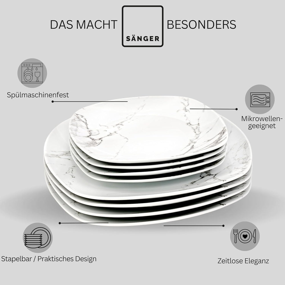 SANGER | Service de table combiné en marbre Bilgola, service de table 36 pièces pour 6 personnes avec assiettes plates, assiettes à dessert, assiettes Suma, bols à céréales, assiettes à café et soucoupes en porcelaine, carré | LA COLLECTION PREMIUM