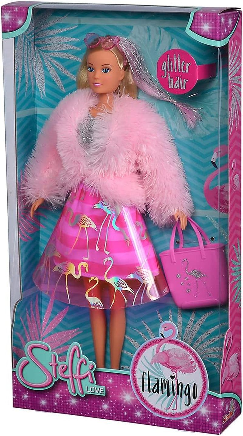 Simba Love Flamingo, Poupée de cheville dans une tenue moderne, Felljacke, Glitzerrock et Handtasche, Poupée 29 cm, à partir de 3 ans, 105733559