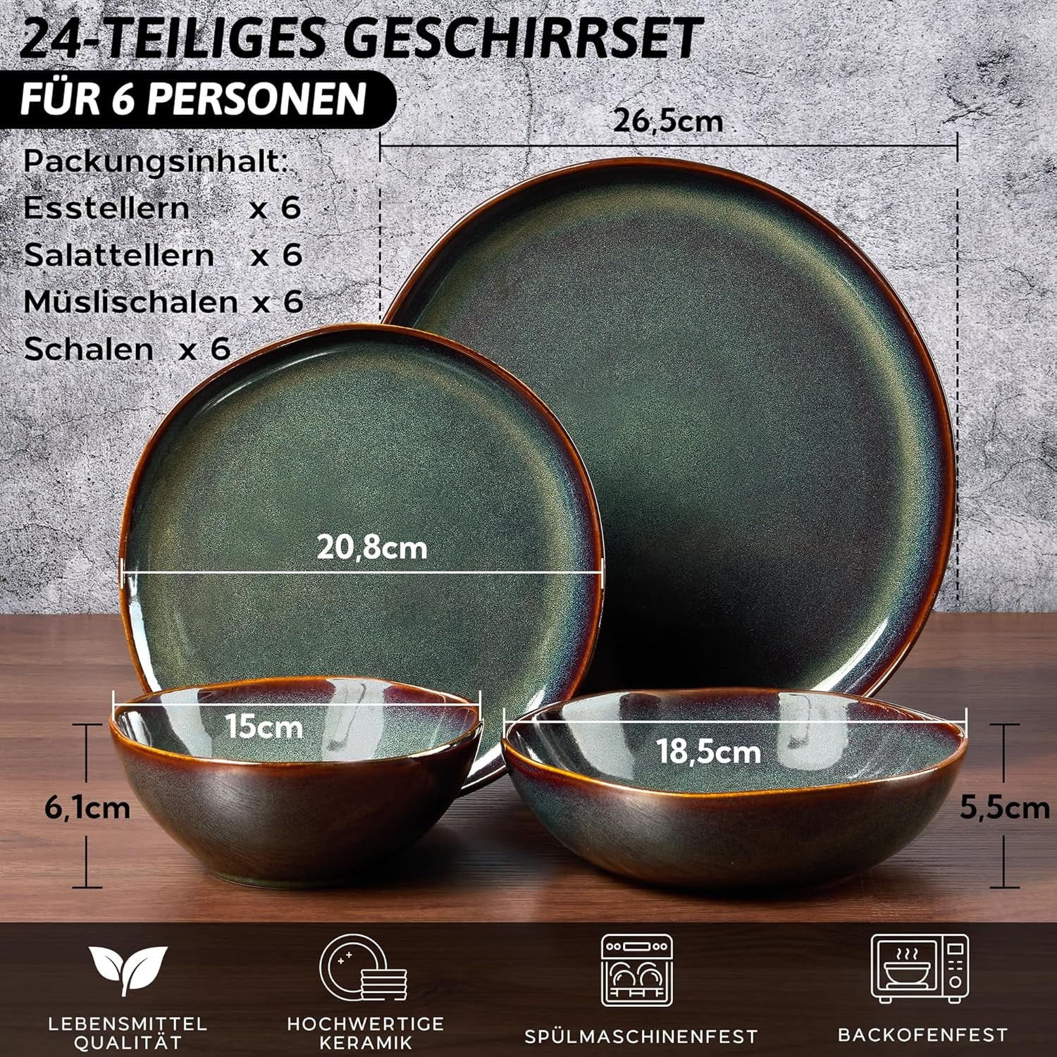 Service de table pour 6 personnes, 24 pièces en carreaux de céramique, service de table rond irrégulier avec assiettes, assiettes à dessert, bols à céréales, passe au micro-ondes et au lave-vaisselle, vert toundra réactif