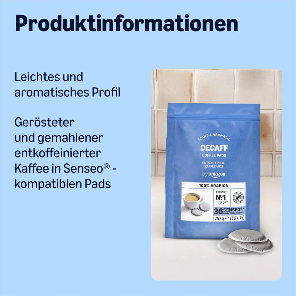 by Amazon Entkoffeinierte 100% Arabica-Kaffeepads, geeignet for Senseo-Maschinen, medium Röstung, 36 Stück (1 Packung mit 36 ​​​​Stück) – Rainforest Alliance certifié