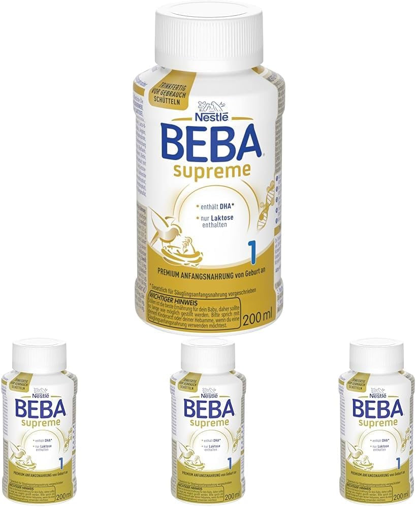 BEBA Nestlé BEBA SUPREME 1 Lait infantile : biberons prêts à boire avec Oméga 3, pack de 4 (1 x 200 ml)
