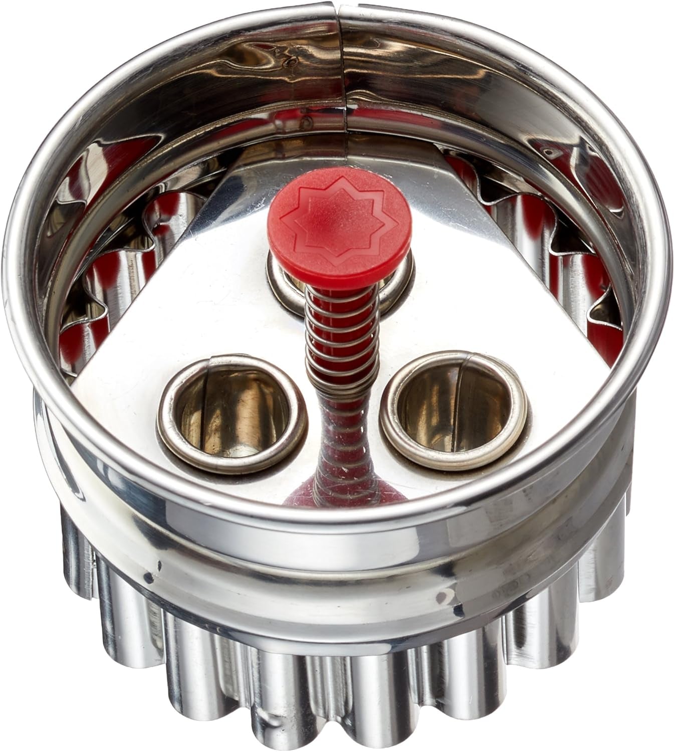 Städter 966056 Moule à biscuits Linzer avec éjecteur, 3 trous, acier inoxydable, argent/rouge, 4,8 x 4,8 x 4,8 cm