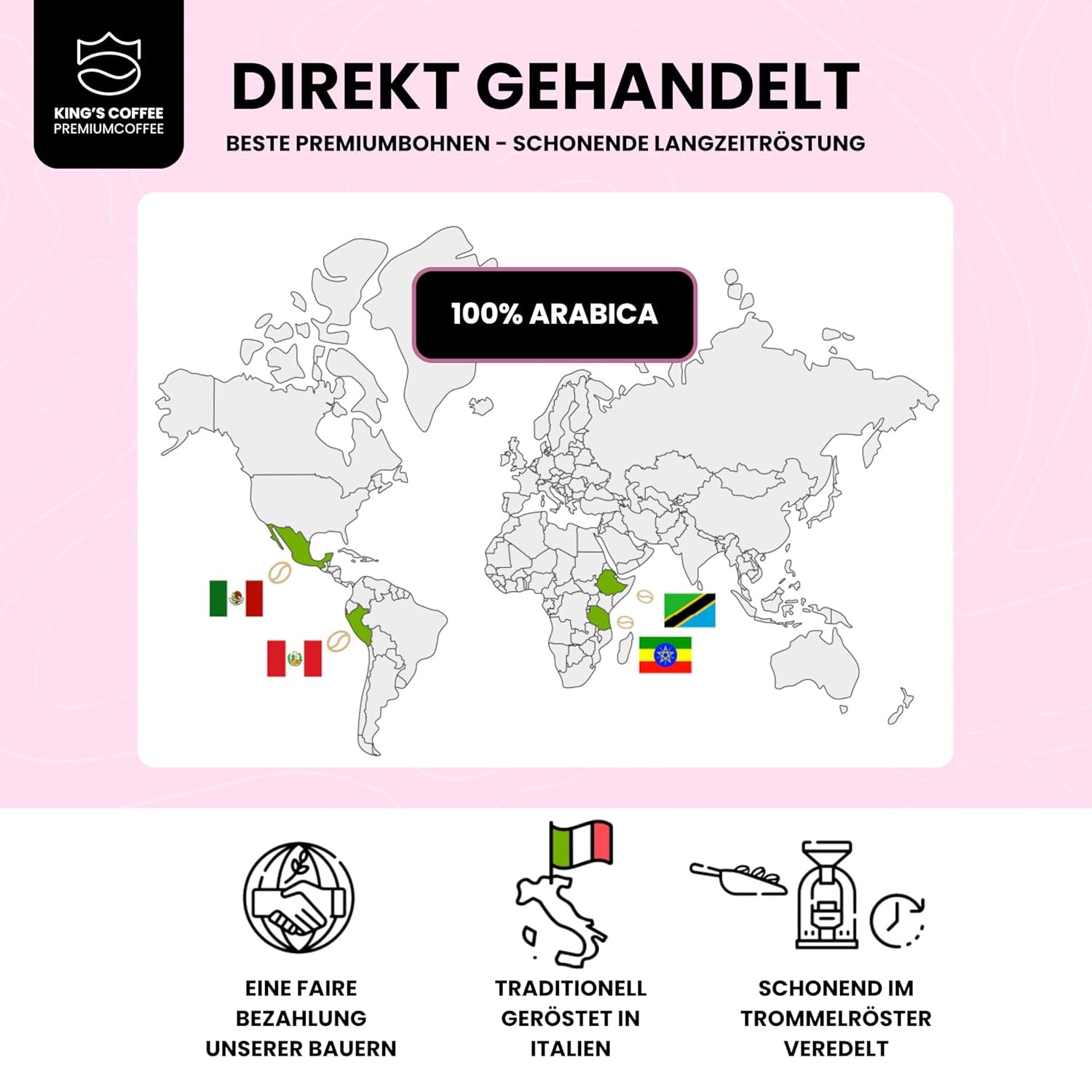 KING'S COFFEE - WHITE EDITION - mélange léger 100 % Arabica d'Éthiopie, du Mexique, du Pérou et de Tanzanie - torréfaction en petits lots en Italie - grains d'espresso entiers pour machines à porte-filtre - 1 kg