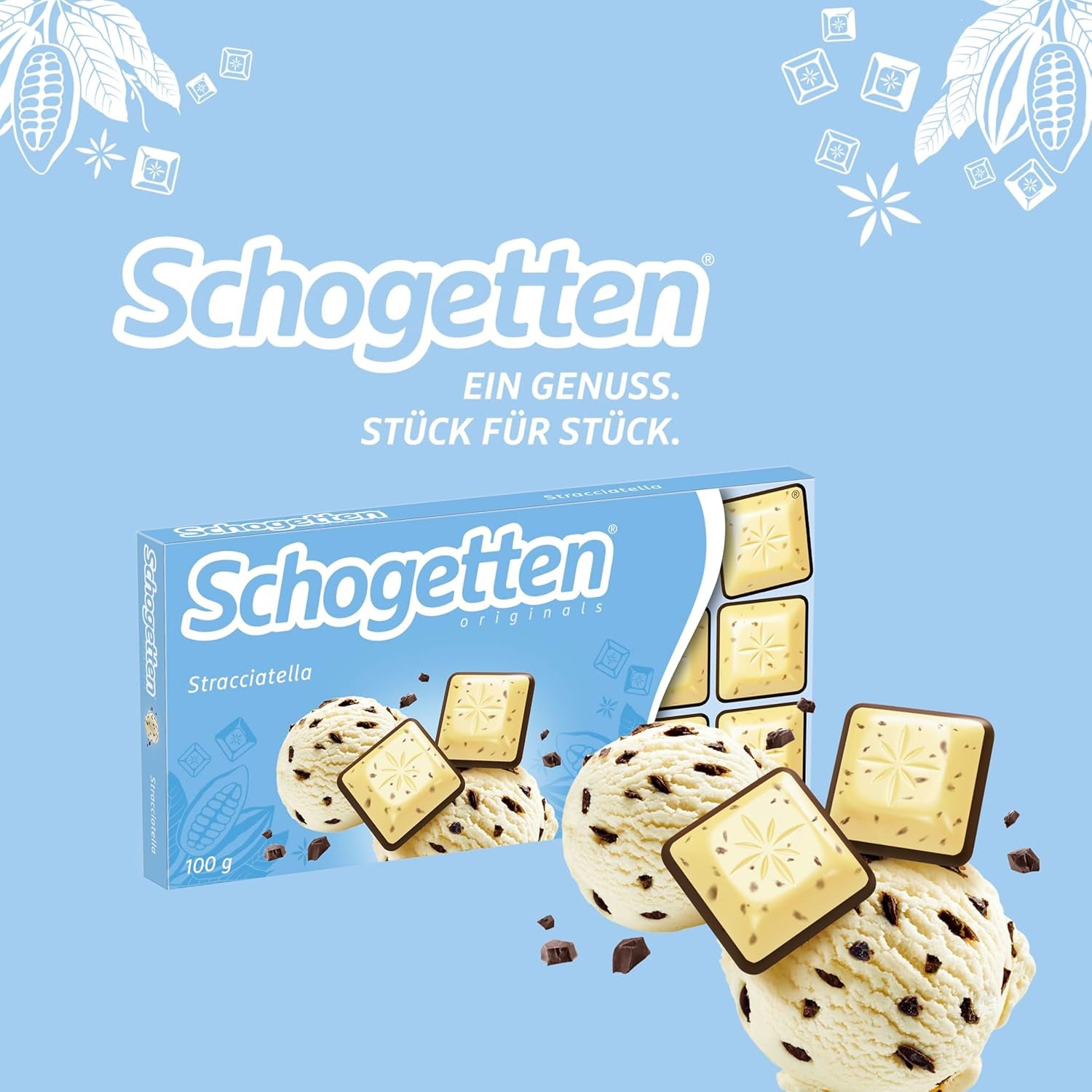 Tablette de chocolat Schogetten Stracciatella 100g, portion individuelle. Un délice. Pièce par pièce.