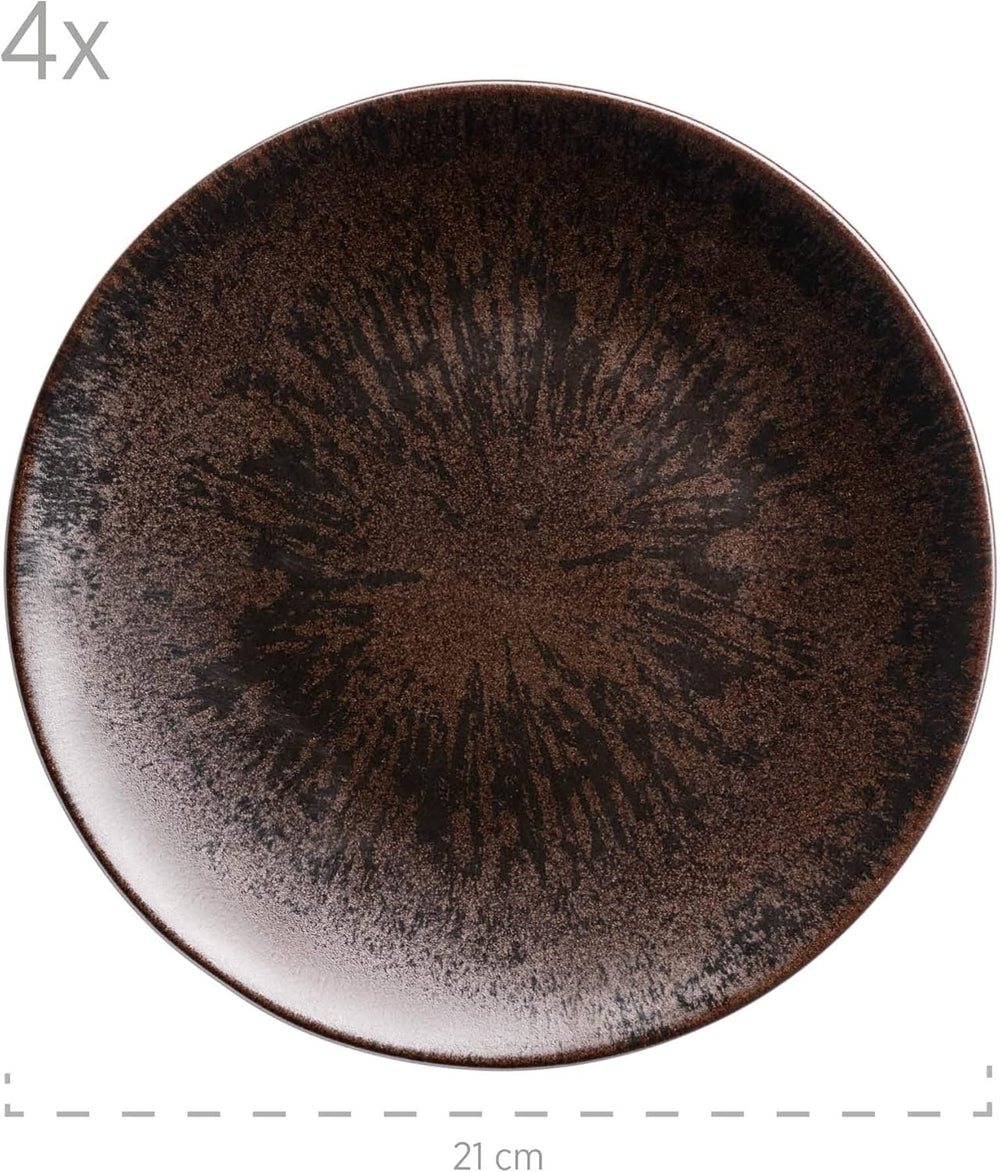 MÄSER Service de table 12 pièces en bronze métallisé pour 4 personnes avec vernis élégant et brillant, ensemble d'assiettes à dîner, assiette à dîner et assiette à dessert en céramique de haute qualité, grès, marron