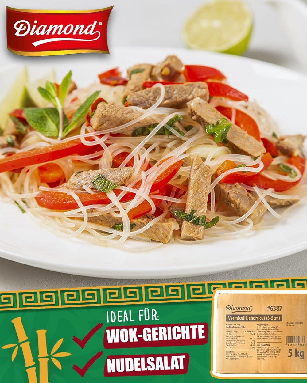 Nouilles en verre DIAMOND, nouilles courtes en verre à l'amidon de haricot mungo, naturellement végétaliennes et sans gluten - 1 x 5 kg