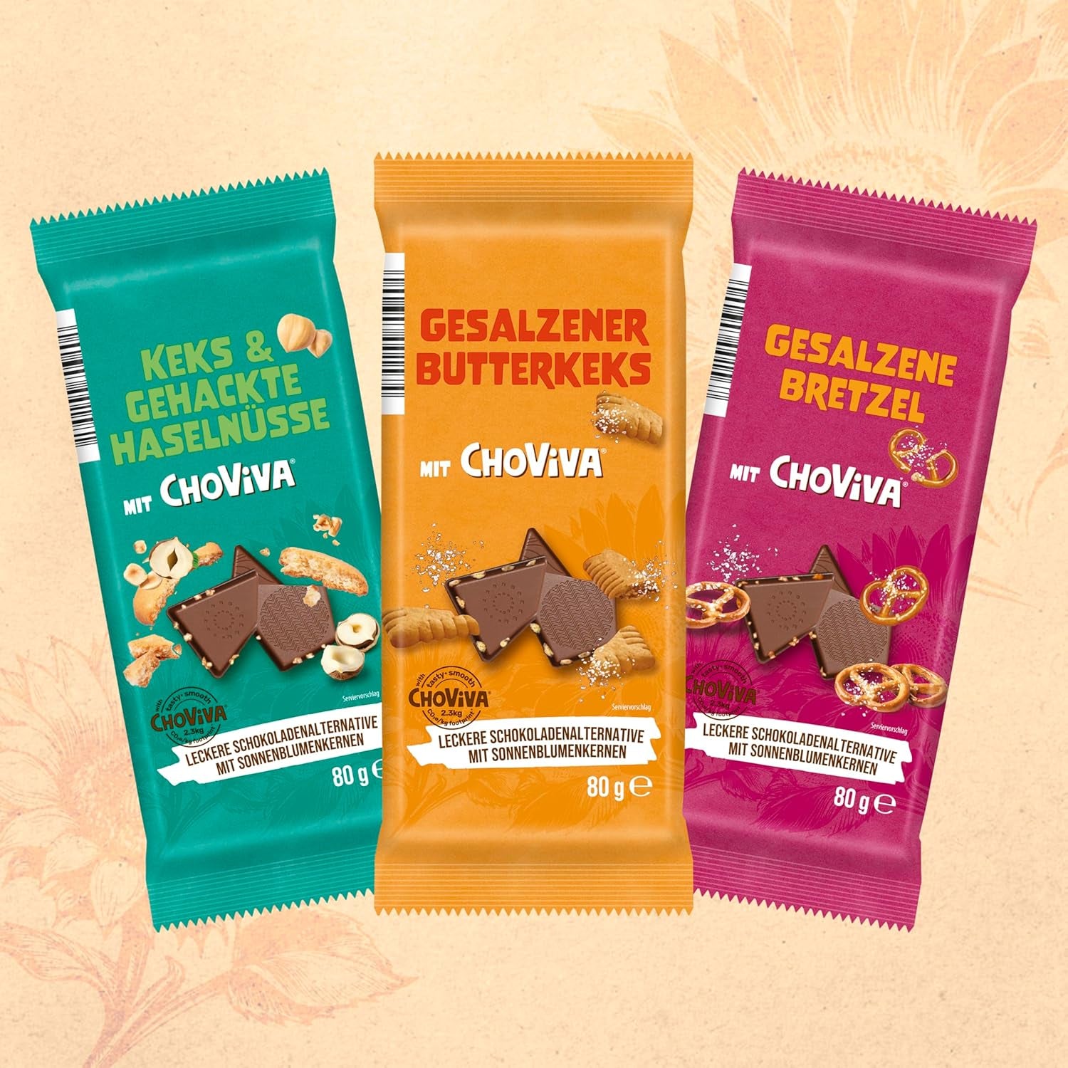 Biscuits au Beurre Salé et ChoViva, barre de 80g, à base de chocolat alternatif aux graines de tournesol