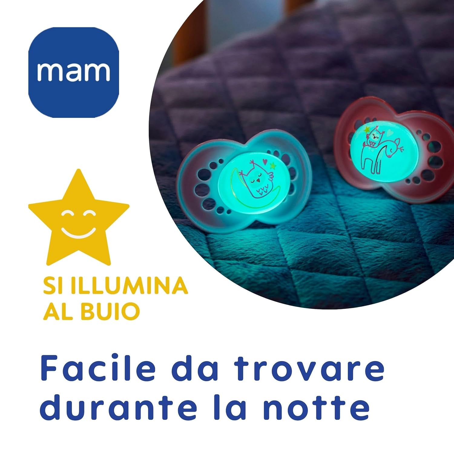 Sucette MAM 6+ mois (paquet de 2) MAM 6-16 mois brille dans le noir avec tétine en caoutchouc, paquet de 2 avec porte-tétine stérilisant, bleu clair/bleu clair