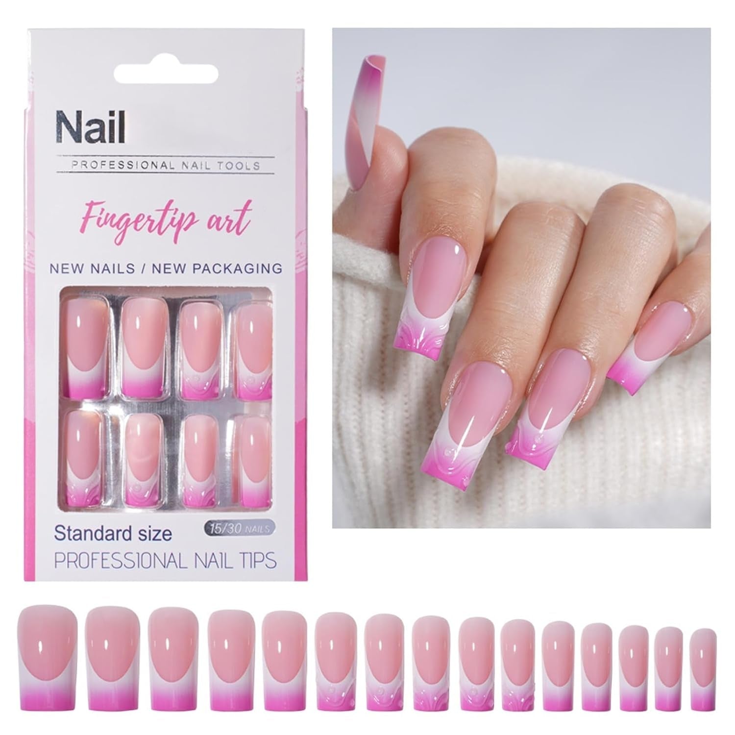 30pcs Faux Ongles Français - Colle sur Ongles Artificiels - Ongles en Gel Doux pour Femme - Ongles Adhésifs Acryliques Manucure Carrée (Rose Français)