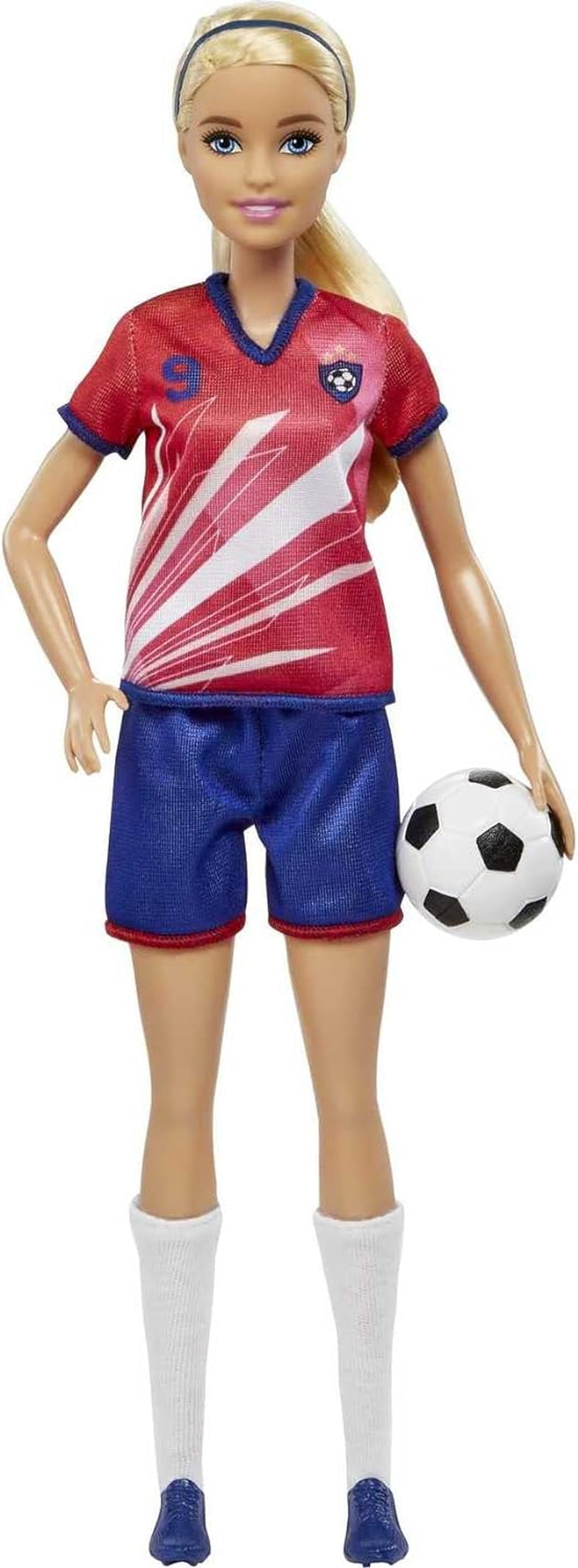 Barbie Série You Can Be Anything, Joueur de football, Joueur de football aux cheveux blonds, Maillot rouge et bleu, Ballon, Accessoires, Poupée incluse, Cadeau à partir de 3 ans, HCN17