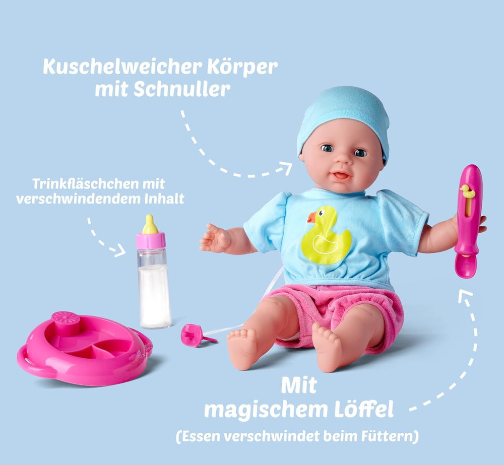 Simba 105010964 - Laura Hungry, păpușă cu corp moale, cu manechin, lingură magică, biberon cu conținut care dispare și farfurie mică, 38cm, păpușă de la 2 ani Papusi Naty Shop