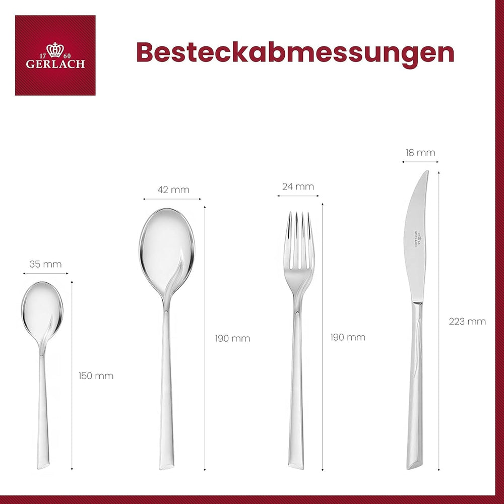 Gerlach Flames Besteck-Set 12 Personen Spülmaschinenfest Essbesteck Edelstahl Elegantes Tafelbesteck Messer Gabel Löffel Teelöffel Kuchengabel Soßenlöffel Kuchenspachtel Glänzend Rostfrei 68 Stk Bucatarie Naty Shop