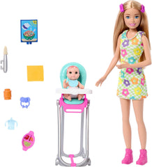 Barbie Skipper poupée et accessoires ensemble de jeu nourriture ensemble de garde d'enfants jouet à changement de couleur HTK35