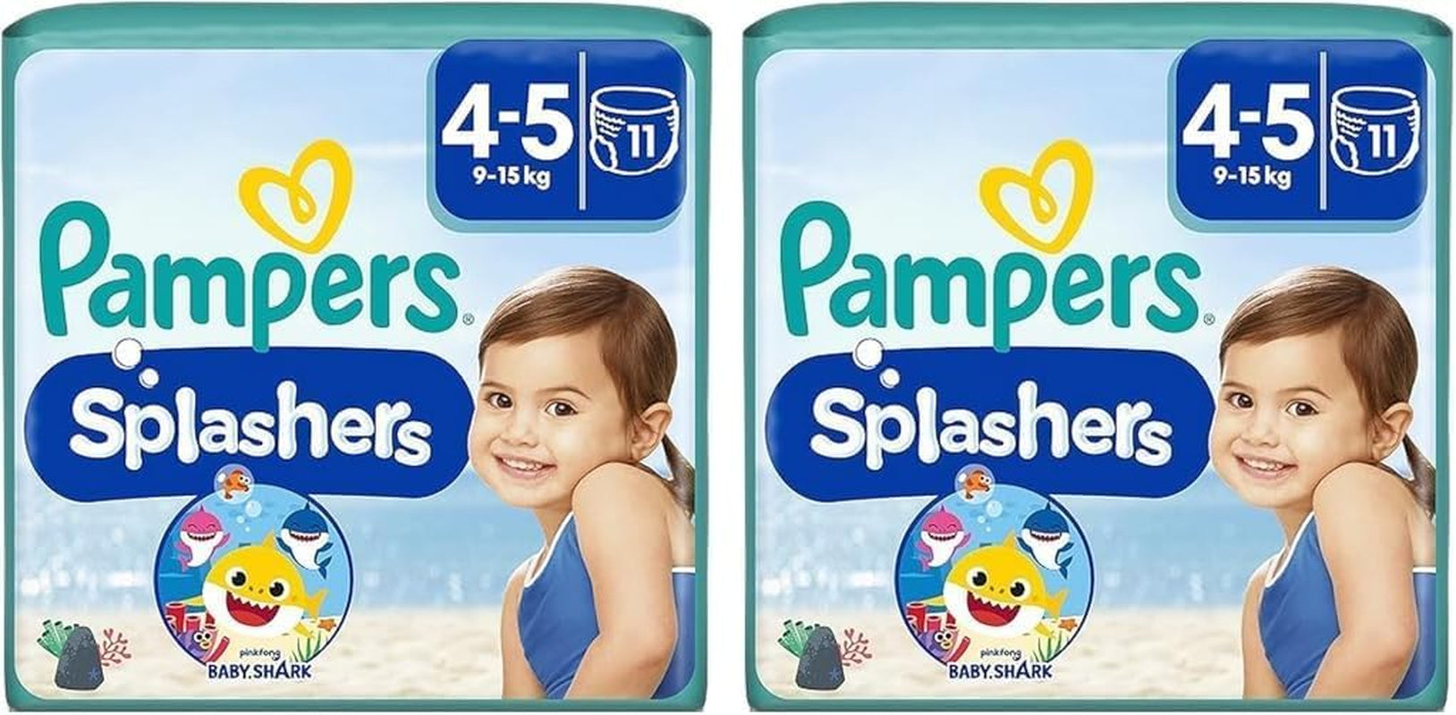 Couches de bain jetables Pampers Splashers Baby Shark édition limitée 4-5, 11, 9 kg-15 kg, pour une protection sûre dans l'eau