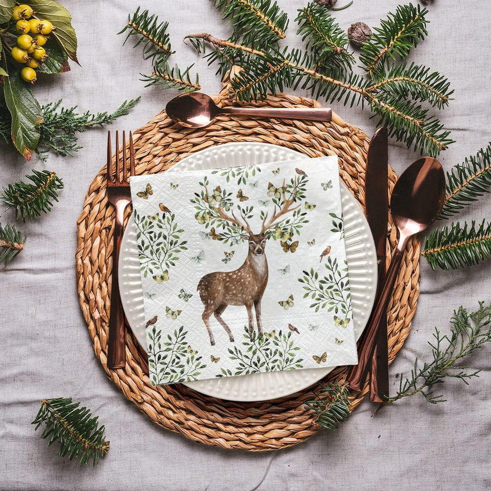 PAW - Serviettes 3 épaisseurs (33 x 33 cm) I 20 pièces I Parfaites pour les anniversaires d'enfants, les fêtes, les communions et les vacances I Serviettes en papier à motif de fête colorées I Animaux, Joie, Fête - Bois