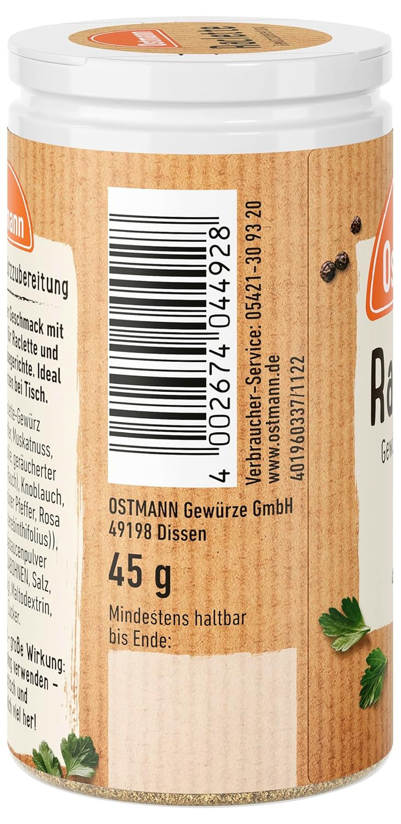 Ostmann Gewürze - Raclette Gewürzzubereitung | Zum Würzen von Käsegerichten | Recycler, nachfüllbare Streudose | 45 g dans du Streuer