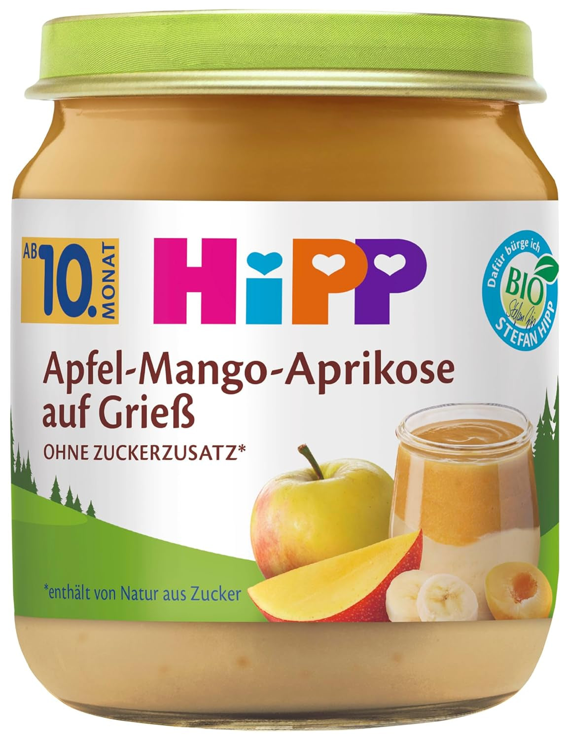 HiPP Bio Pomme-Mangue-Abricot sur semoule (6 x 200g), dès 10 mois, sans sucre ajouté, de la meilleure qualité bio