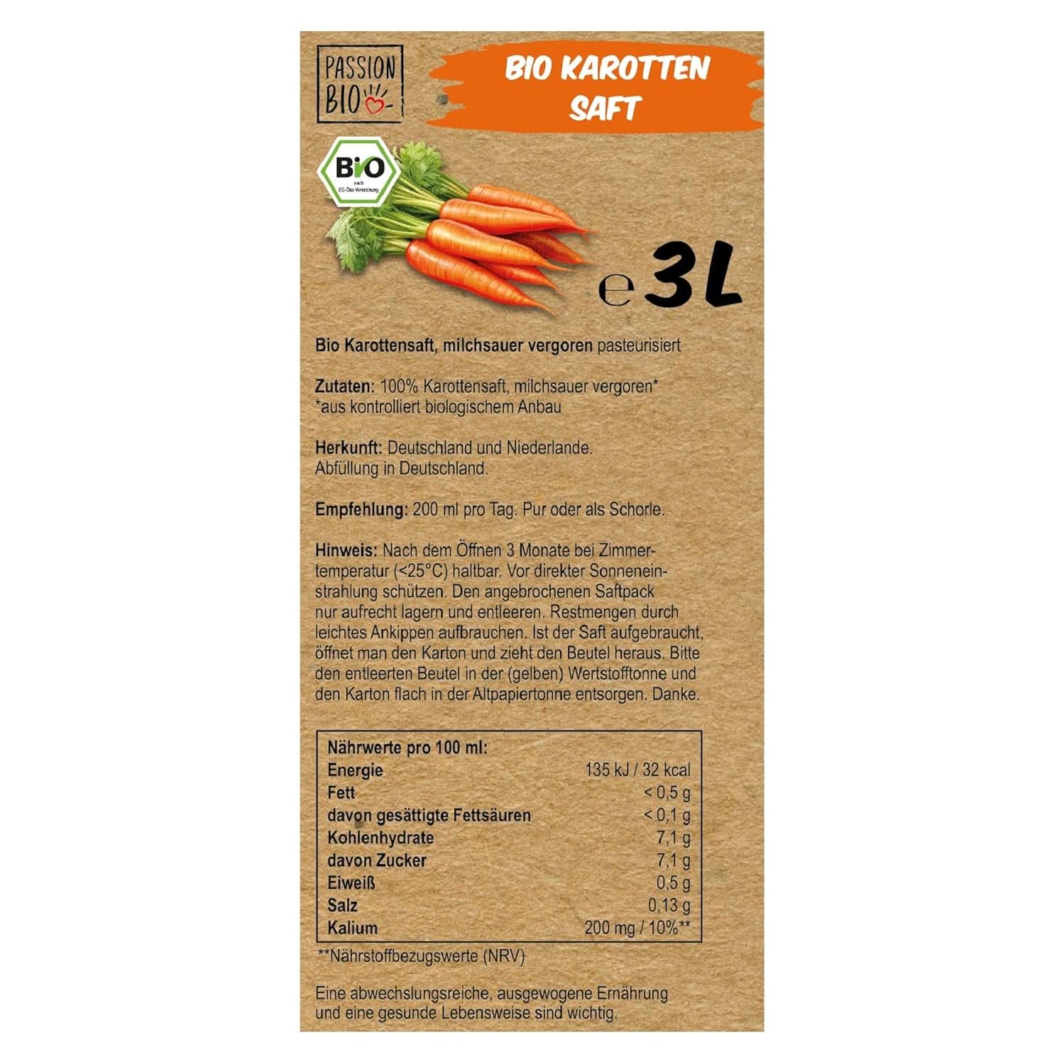 Jus de carotte bio - A base de carottes allemandes et hollandaises, 3 litres Boissons non alcoolisées Naty Shop