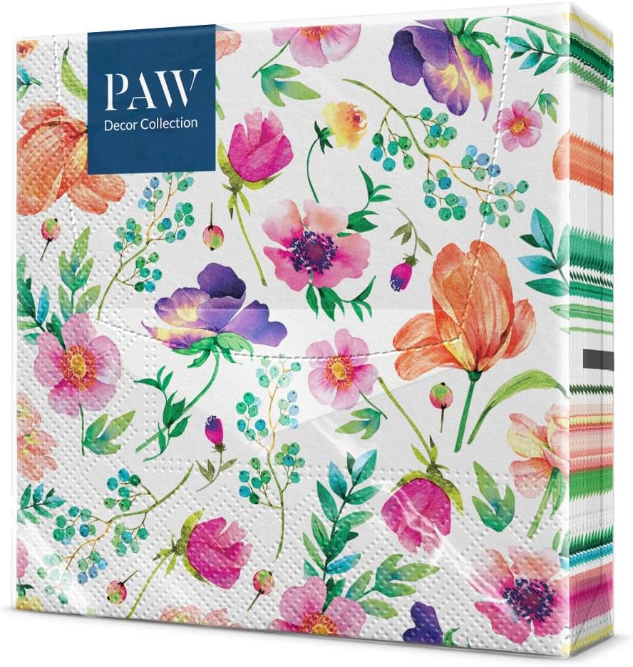 PAW - Serviettes 3 Plis (33 X 33 Cm) I 20 Pièces I Parfaites pour les Anniversaires, Fêtes, Mariages, Communions et Fêtes I Décorations de Table Serviettes en Papier Colorées - Fleurs Colorées Flore I Composition Florale
