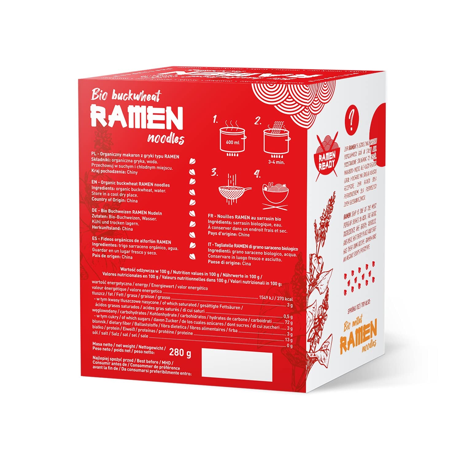 DIET-FOOD Nouilles ramen au sarrasin biologiques, aliments végétariens et végétaliens, sans gras, sans soja, sans gluten, nouilles diététiques solubles dans l'eau, faibles en calories, 280 g