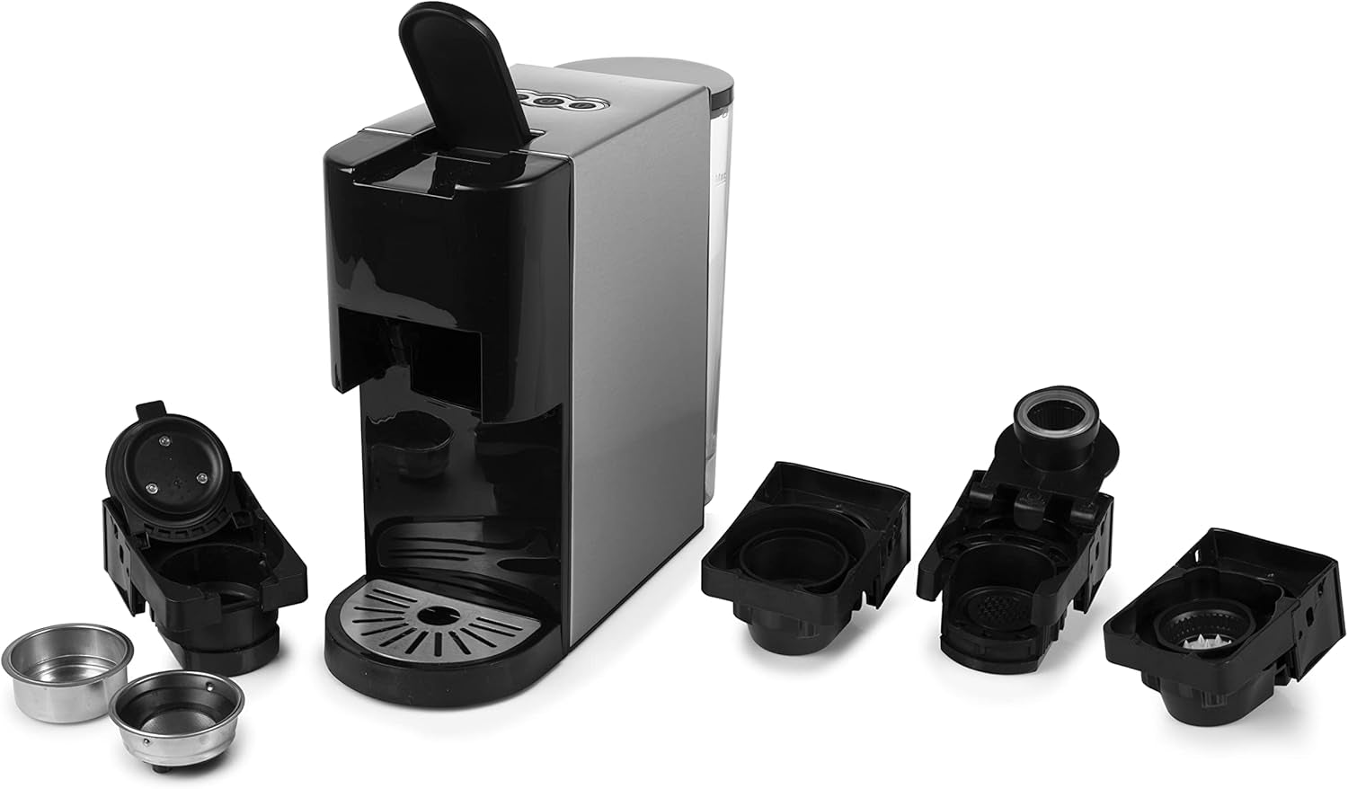Machine à expresso multicapsules Princess 5 en 1 – Compatible avec Nespresso, Dolce Gusto, Lavazza a Modo Mio et ESE Pads, capacité 0,8 L, 1450 W, argent, noir