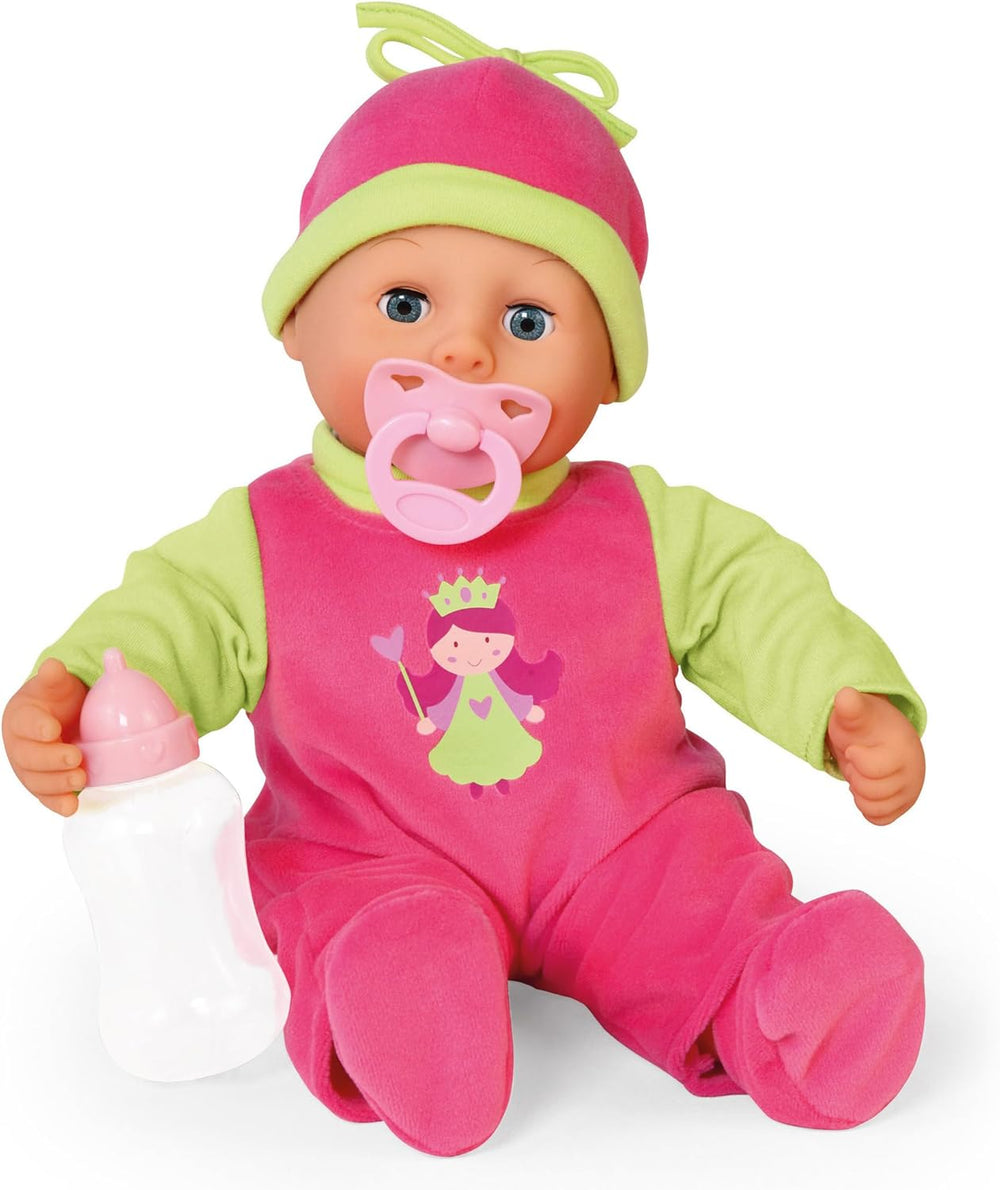 Bayer Design 93800-pink 93825AA Babypuppe First Words, Schlafaugen, spricht 24 Babylaute, weicher Körper, mit Schnuller und Flasche, 38 cm, rose